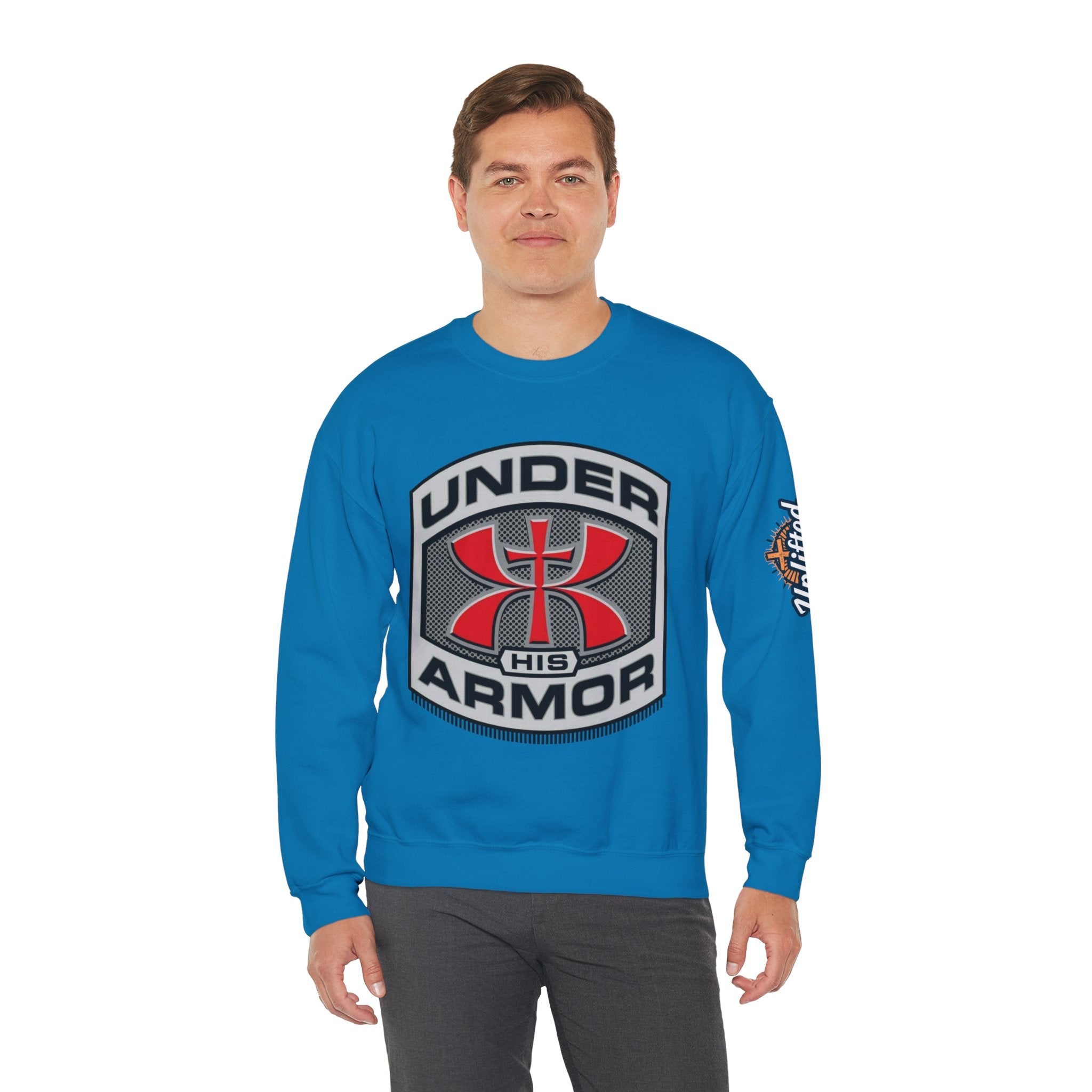 Under His Armor Crewneck Sweatshirt — Christian Faith Graphic Pullover Printify