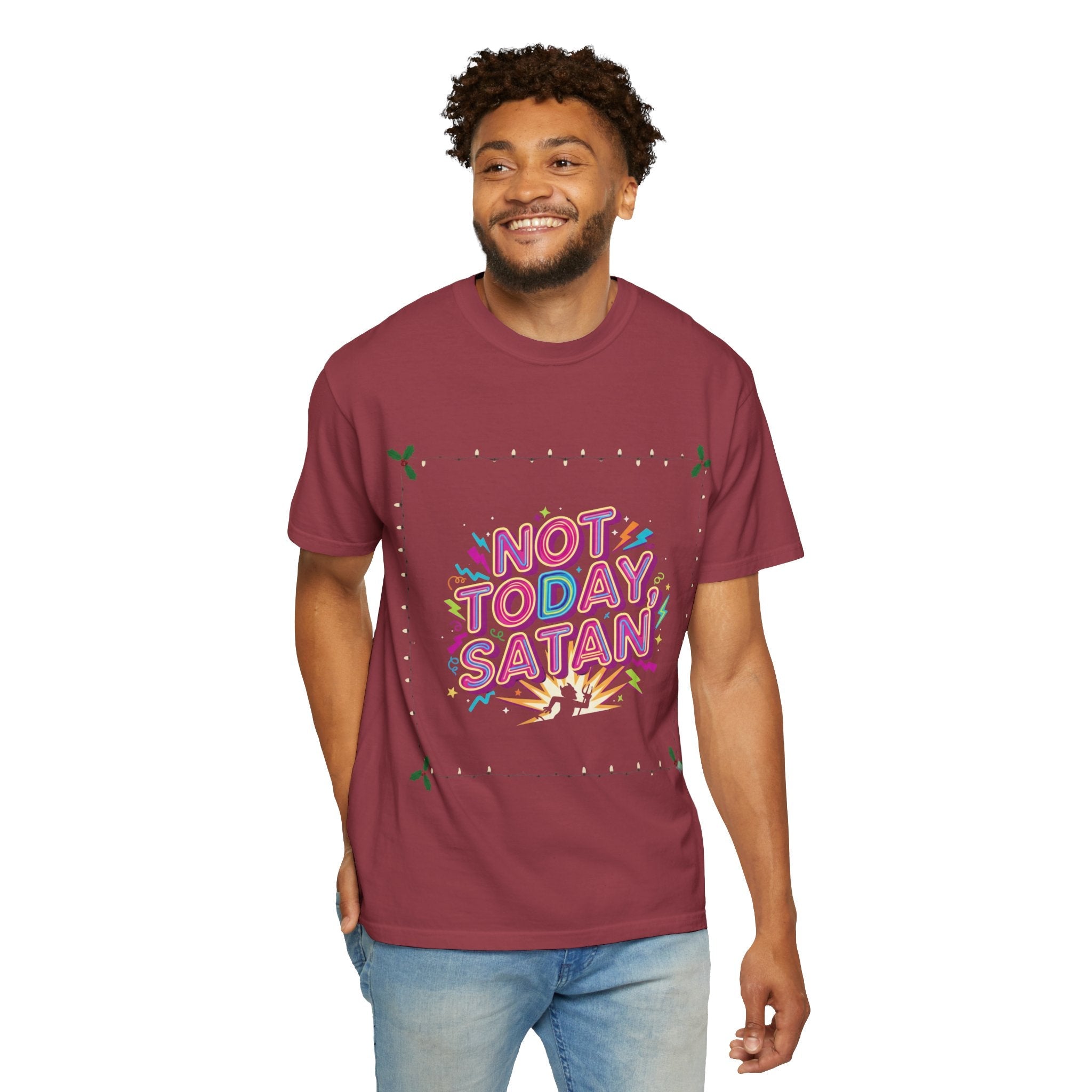 🔥 Not Today, Satan – Retro 90s Christian T-Shirt | Neon Faith Tee | Funky Cartoon Devil | Bold Bible Verse Shirt | Uplifted Gear Printify