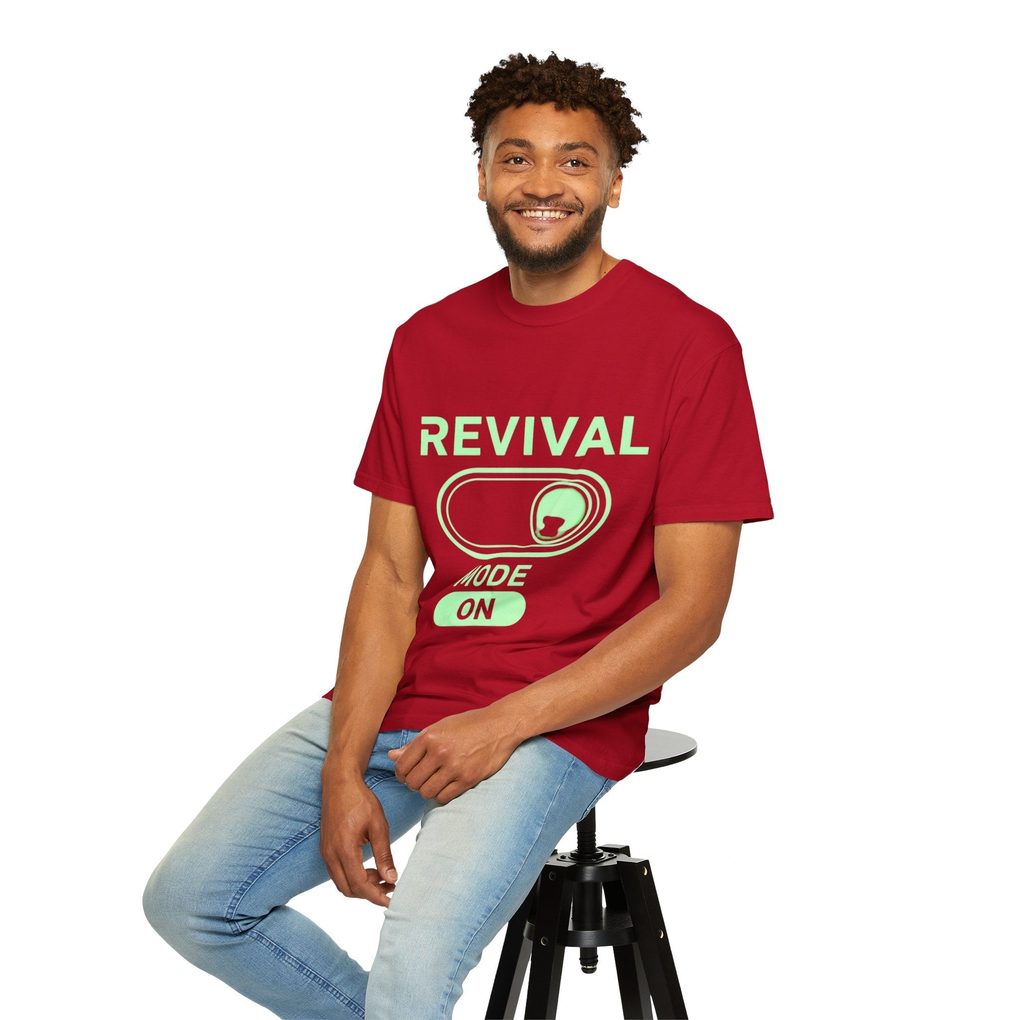 🔥 Revival Mode: ON – Christian Techwear T-Shirt | Glowing Green Faith Switch | Futuristic Jesus Shirt | Activate Your Spiritual Awakening | Uplifted Gear Printify