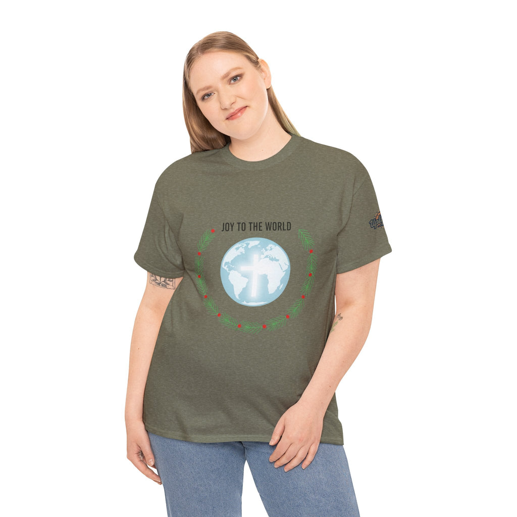 Joy to the World T-shirt – Wreath Earth Nativity Christian Christmas T-shirt for Isaiah 9:6 Holiday Faith & Festive Joy Printify