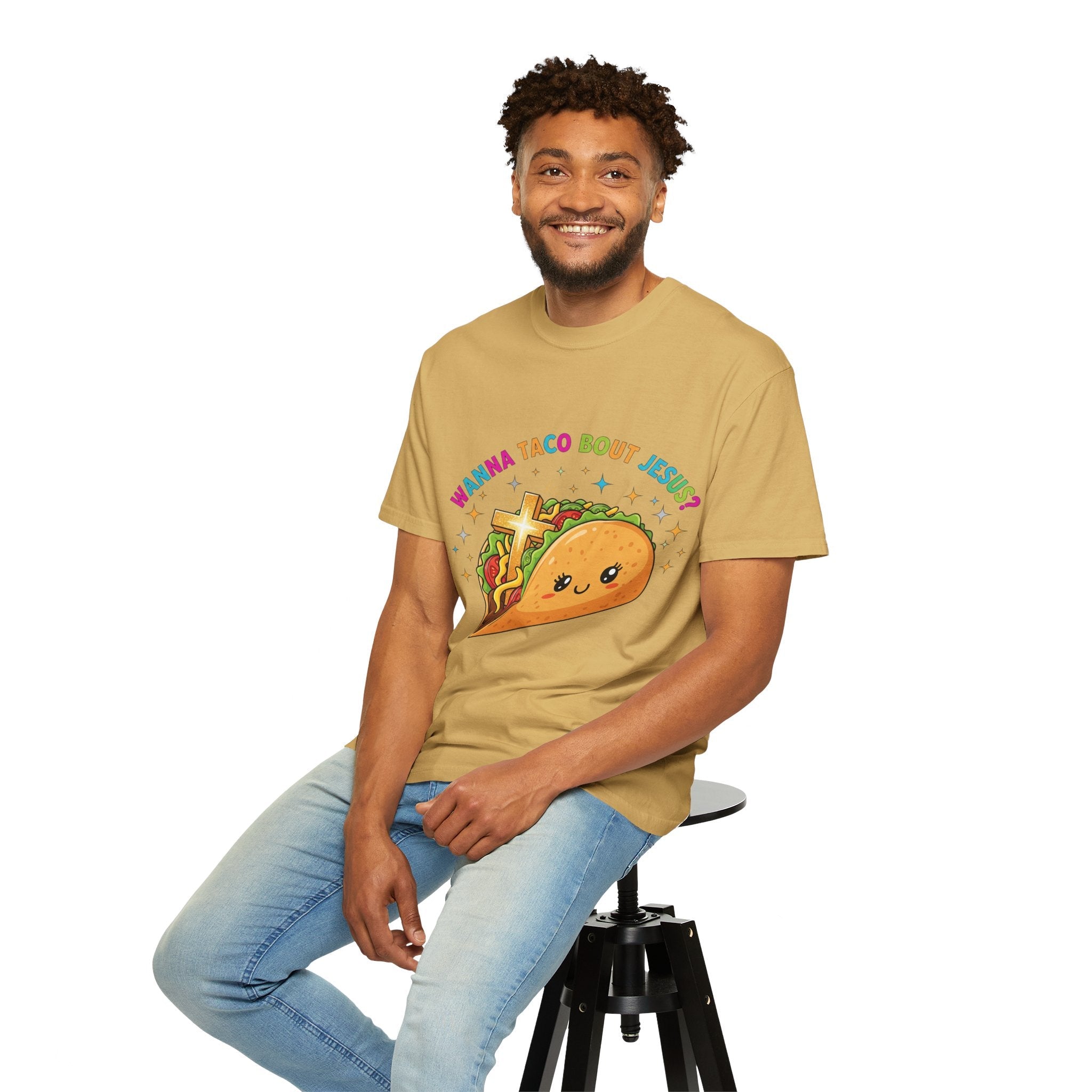 Wanna Taco 'Bout Jesus? Funny Christian Pun T-Shirt – Lettuce Pray & Share Faith! Printify