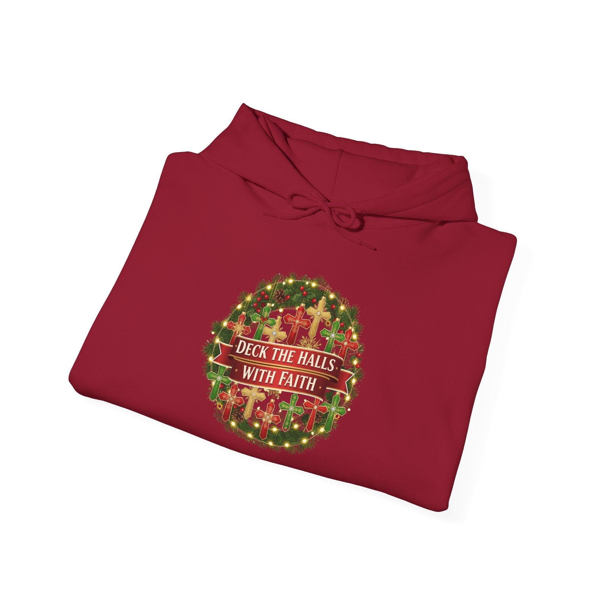 🎄 Deck the Halls with Faith – Christian Christmas Hoodie | Cross Ornament Design & Festive Garland | Bold Holiday Faith Tee by Uplifted Gear Printify