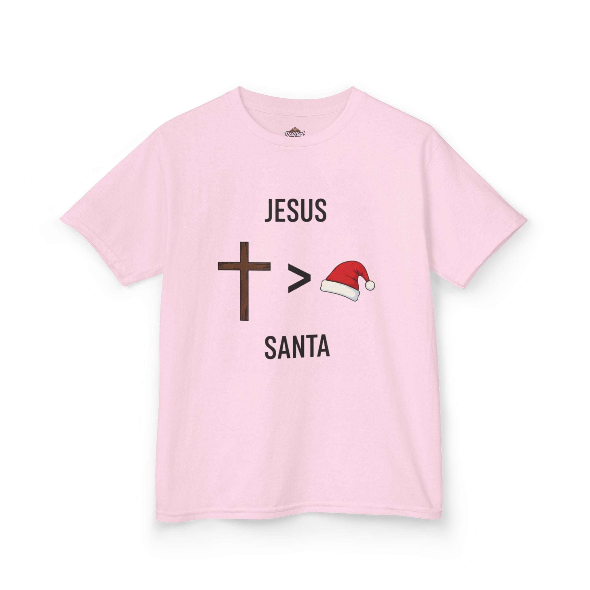 🎄 Jesus > Santa – Minimalist Christian Christmas Kids T-Shirt | Bold Faith Over Holiday Tee | Cross vs Santa Hat Design | Uplifted Gear Printify