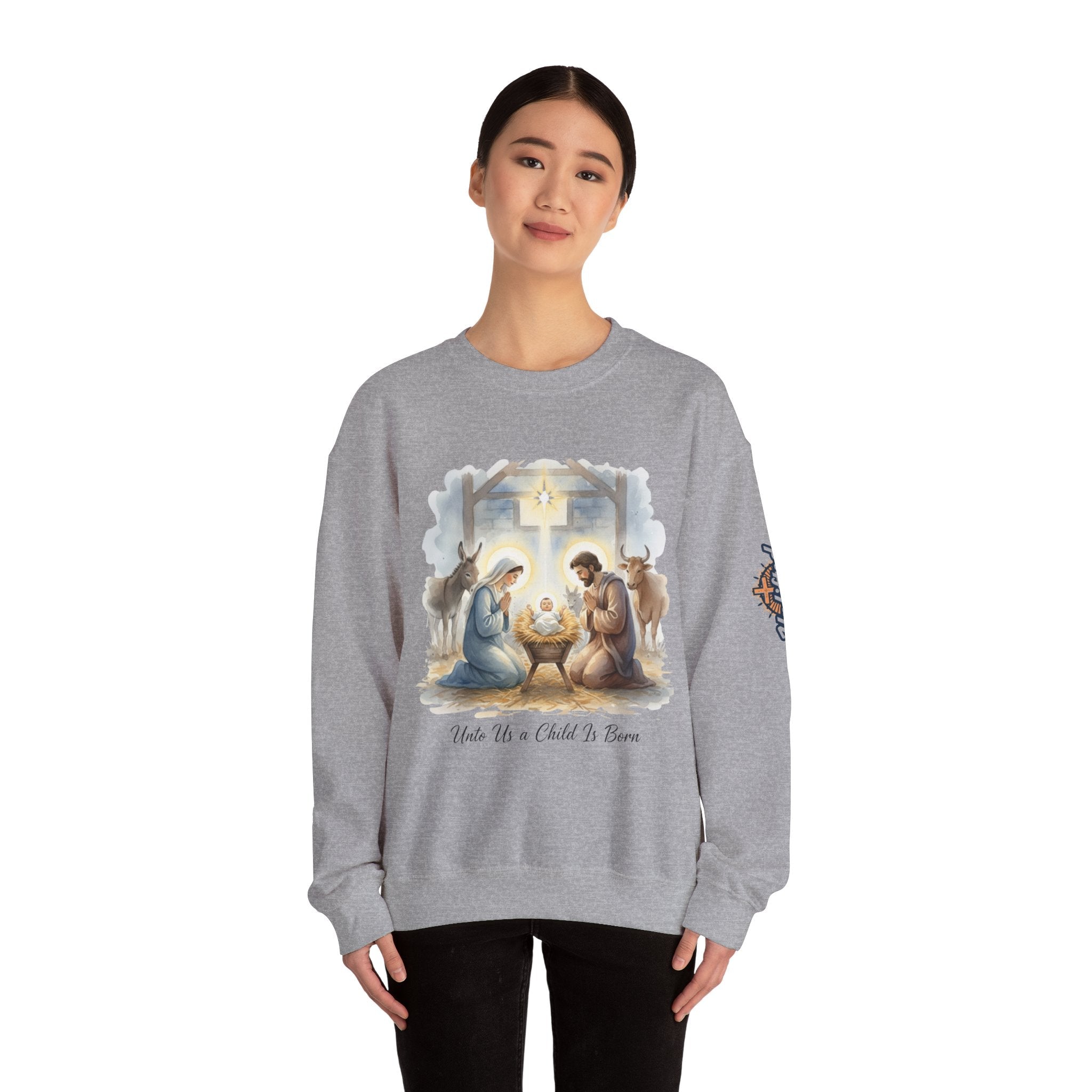 Unto Us a Child is Born Sweatshirt – Isaiah 9:6 Nativity Manger Scene Christian Christmas Sweatshirt for Holy Night Faith Printify