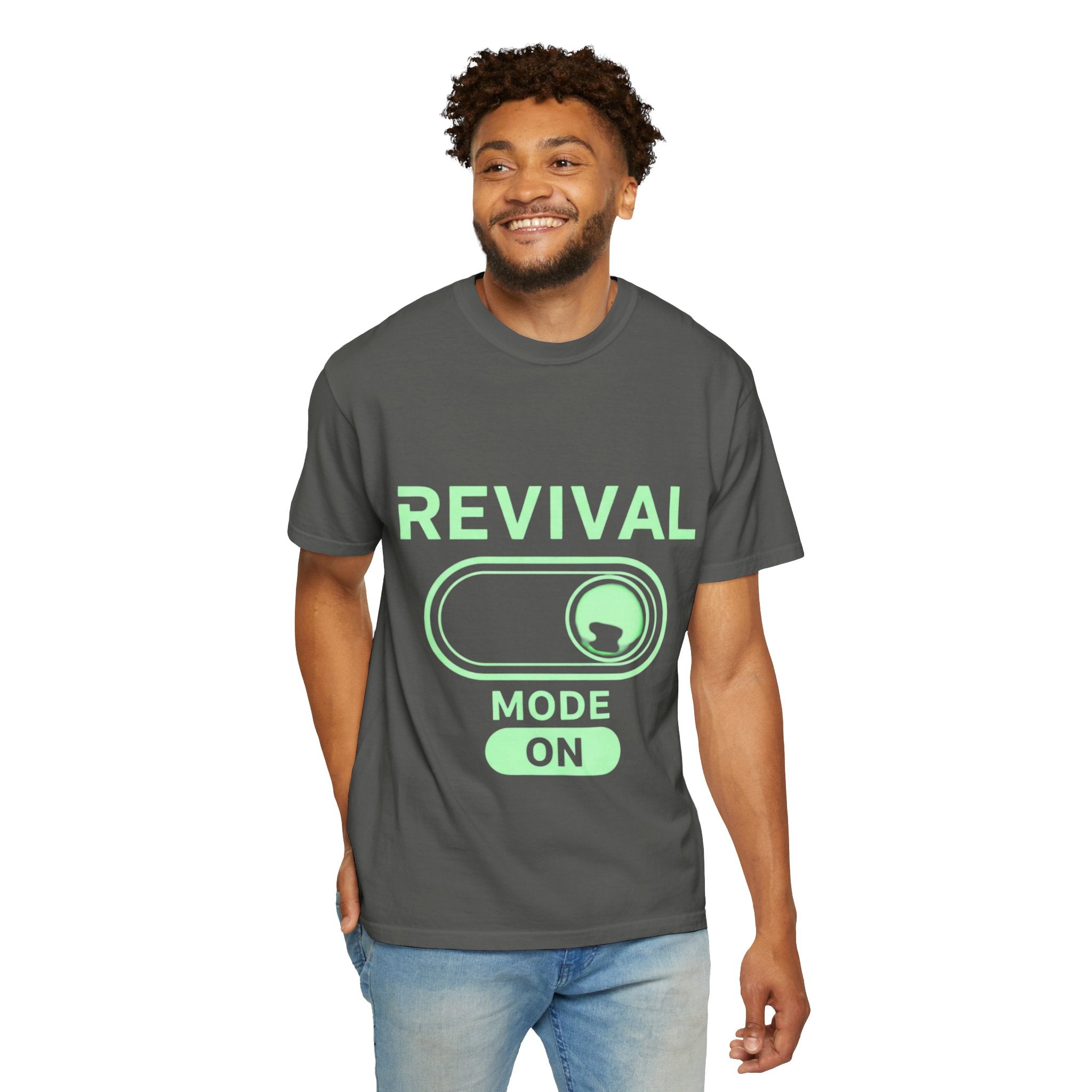🔥 Revival Mode: ON – Christian Techwear T-Shirt | Glowing Green Faith Switch | Futuristic Jesus Shirt | Activate Your Spiritual Awakening | Uplifted Gear Printify