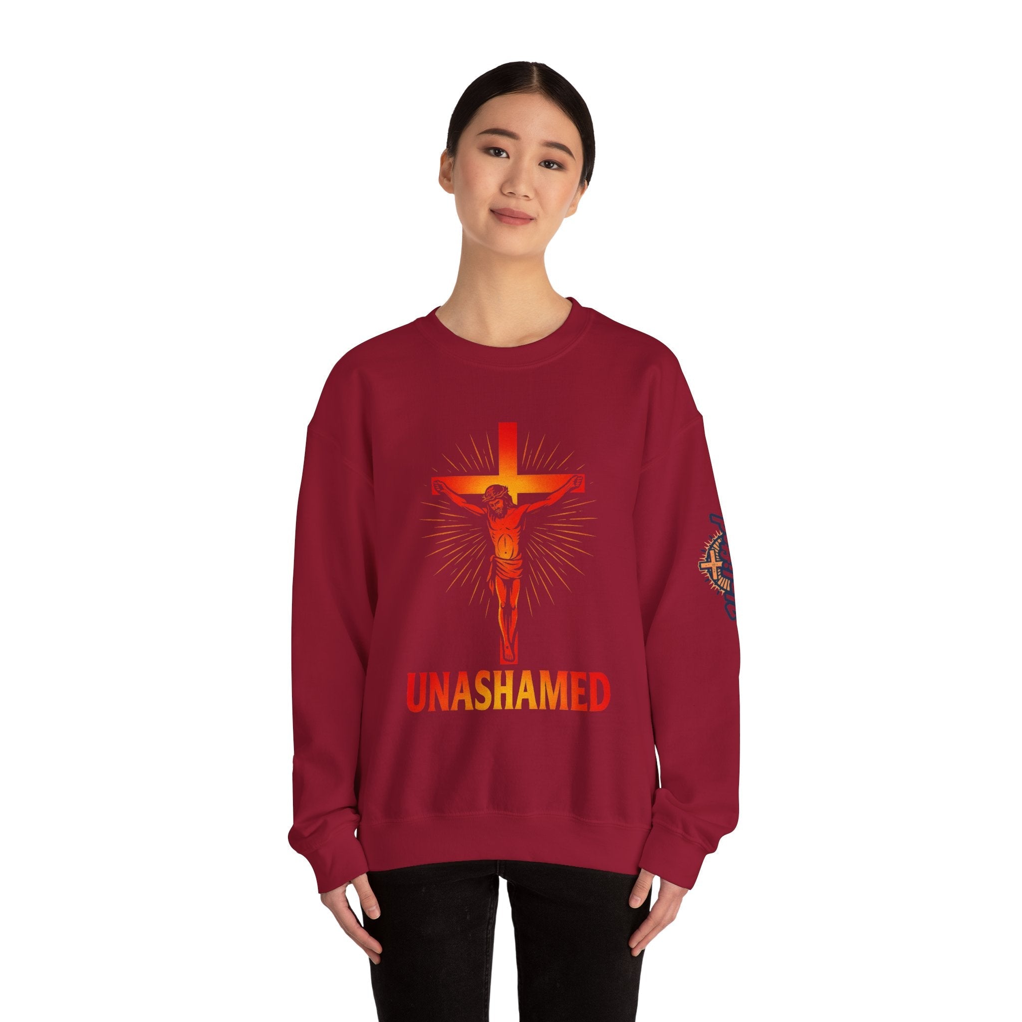 Unashamed Sweatshirt – Romans 1:16 Crucifixion Christian Sweatshirt for Bold Unwavering Faith Printify