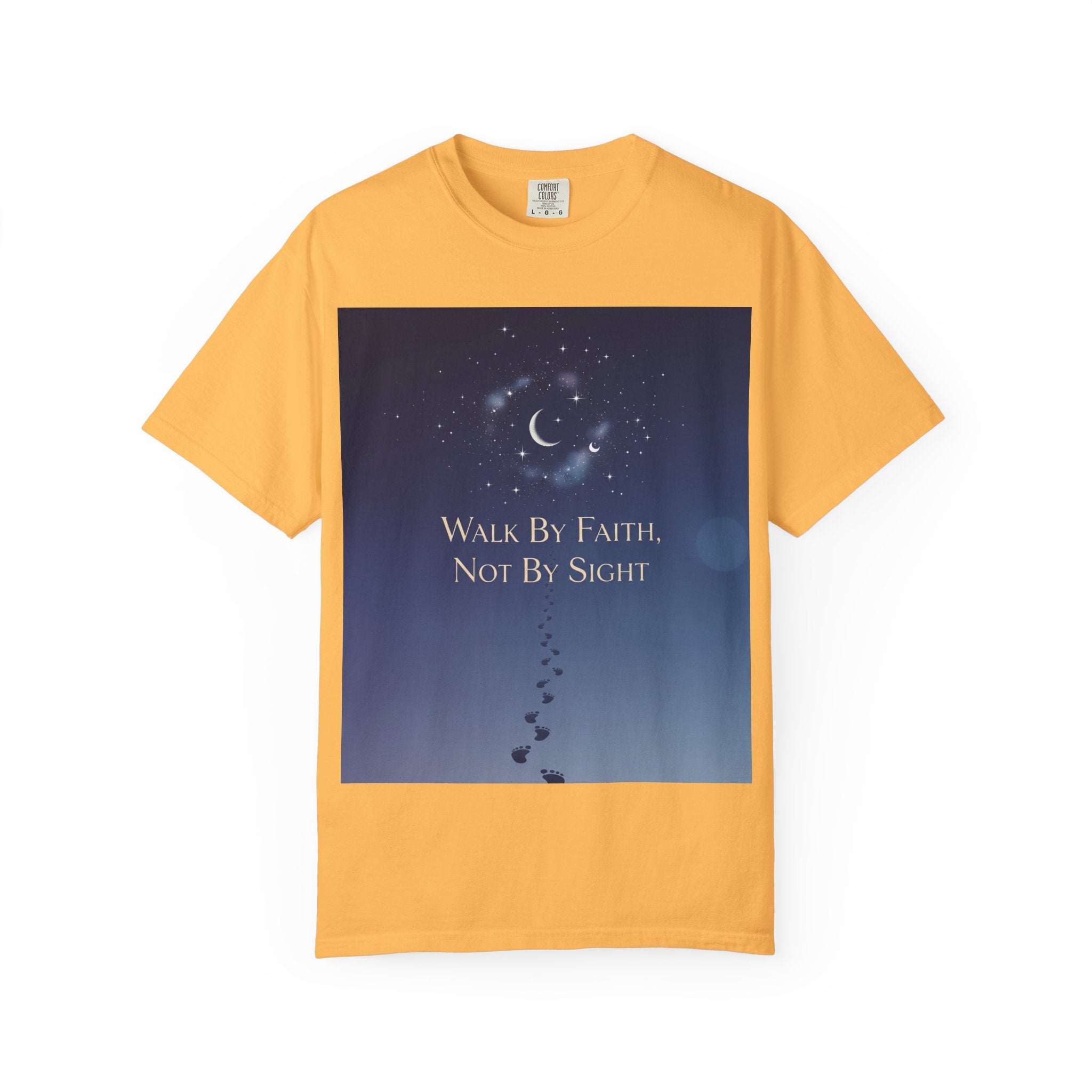 Walk by Faith, Not by Sight T-Shirt – Footprints in the Sand Christian Moonlit Tee Printify