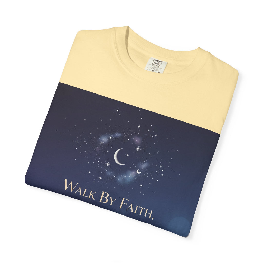 Walk by Faith, Not by Sight T-Shirt – Footprints in the Sand Christian Moonlit Tee Printify