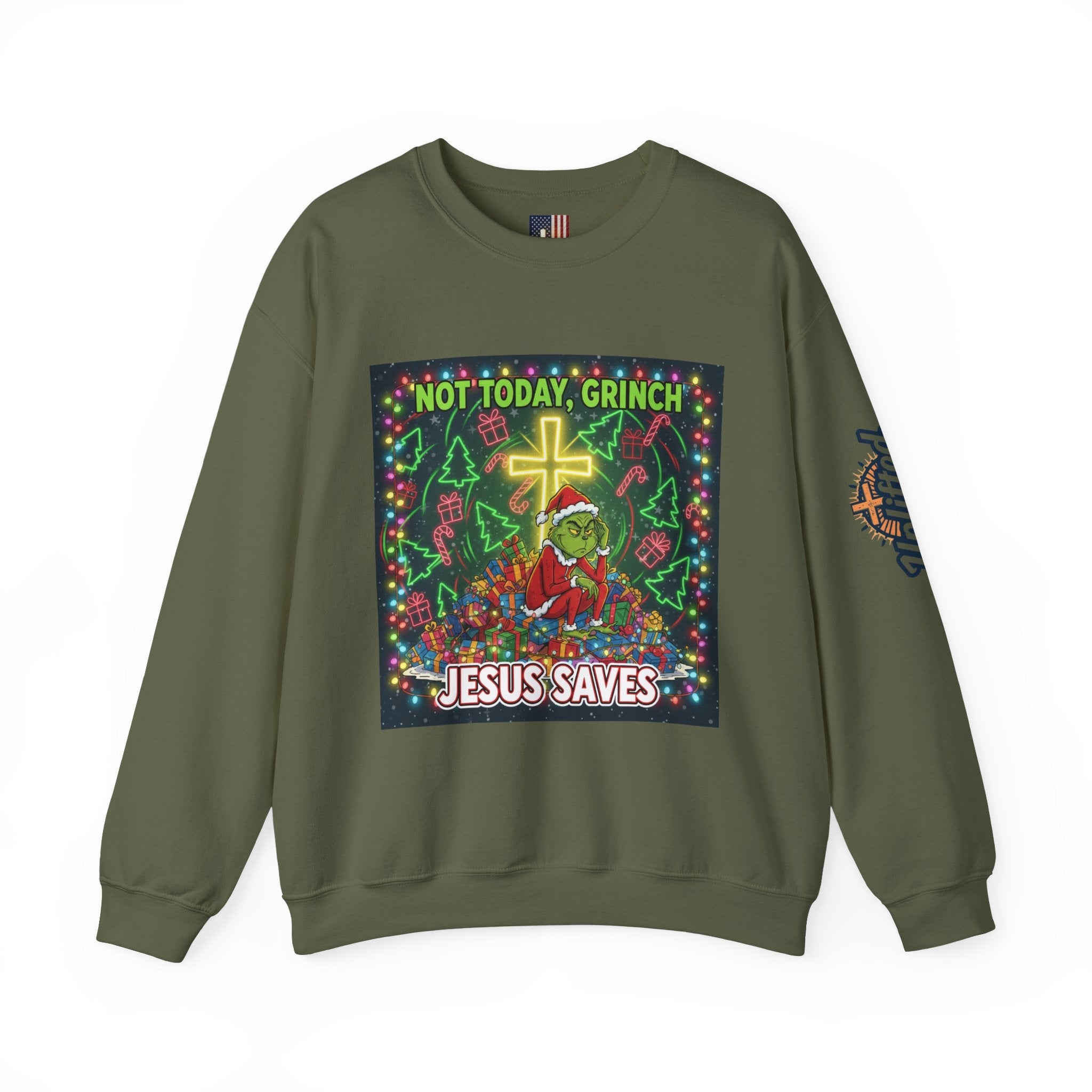 🎄 Not Today, Grinch – Jesus Saves | Funny Christian Christmas Sweatshirt | Festive Green & Red Cartoon Style | Bold Faith Holiday Tee by Uplifted Gear Printify
