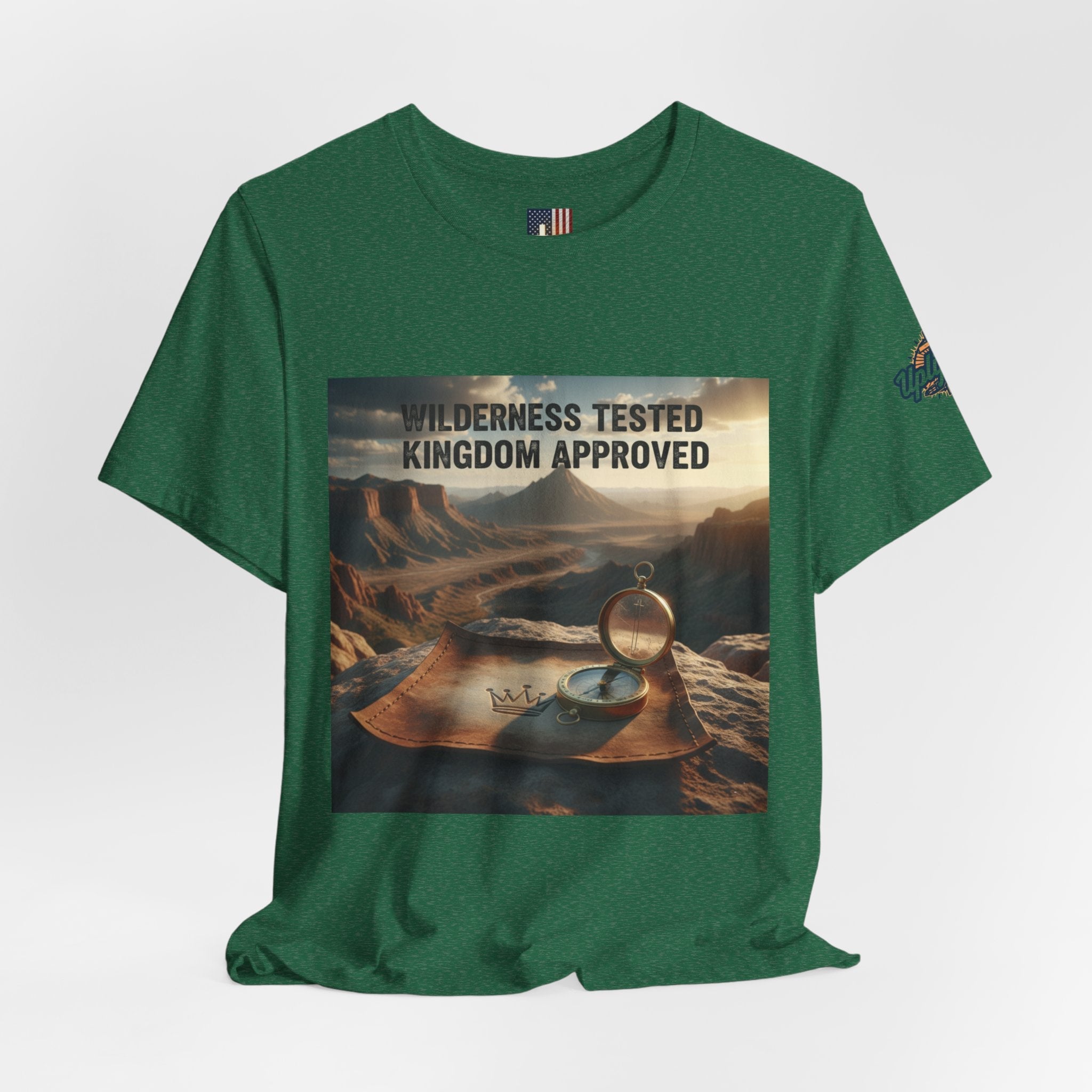 Wilderness Tested Kingdom Approved T-shirt – Mountain Desert Compass Crown Christian T-shirt for Biblical Adventure Faith Printify