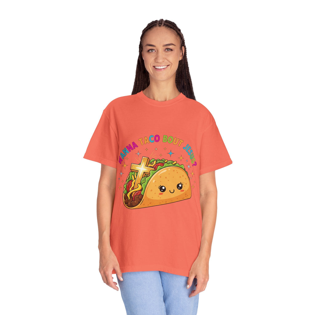 Wanna Taco 'Bout Jesus? Funny Christian Pun T-Shirt – Lettuce Pray & Share Faith! Printify