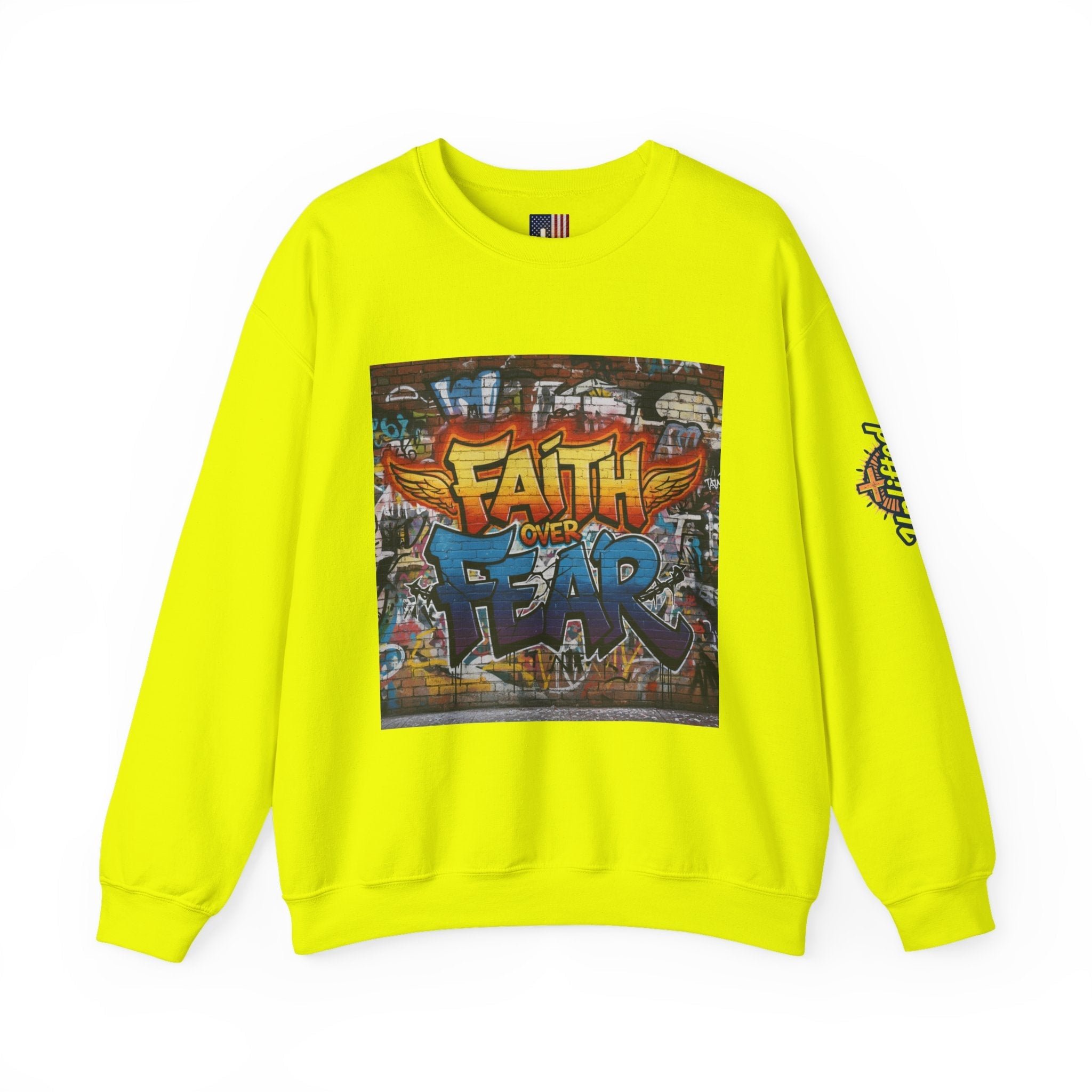 Faith Over Fear Sweatshirt – Graffiti Wall Christian Sweatshirt for Bold 2 Corinthians 5:7 Streetwear & Unshakable Faith Printify