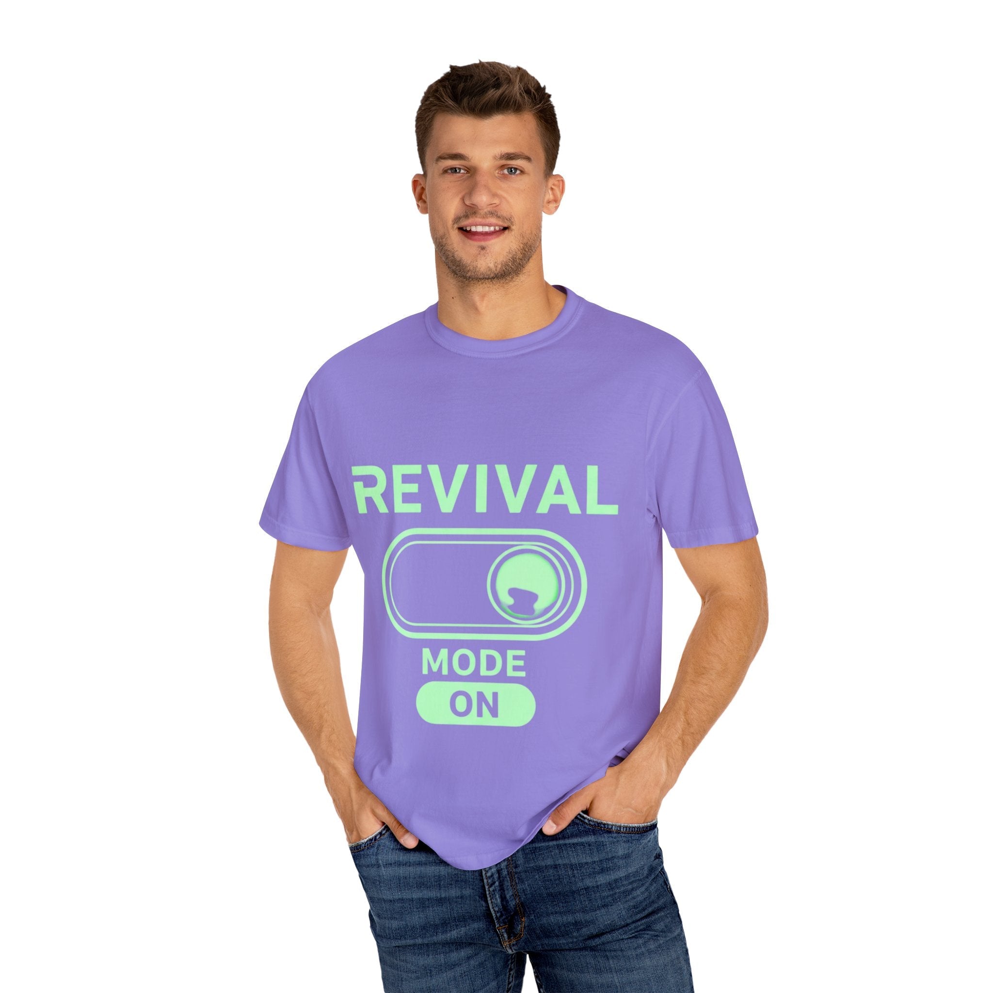 🔥 Revival Mode: ON – Christian Techwear T-Shirt | Glowing Green Faith Switch | Futuristic Jesus Shirt | Activate Your Spiritual Awakening | Uplifted Gear Printify
