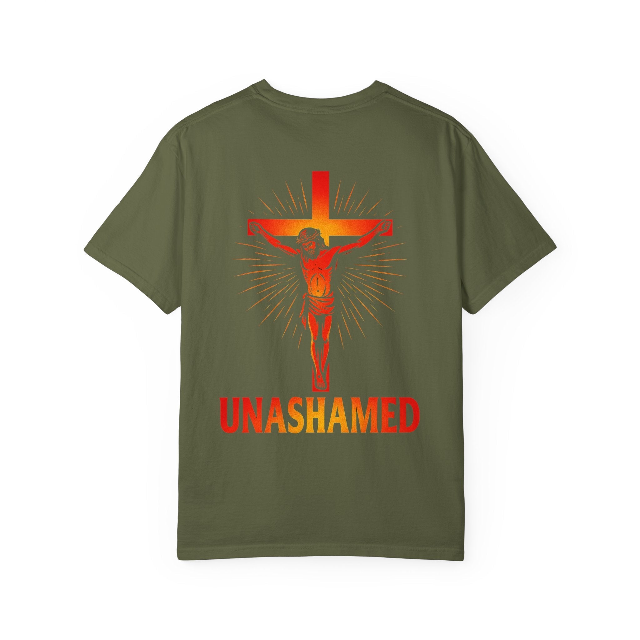 Unashamed T-shirt – Romans 1:16 Crucifixion Christian t-shirt for Bold Unwavering Faith Red Printify