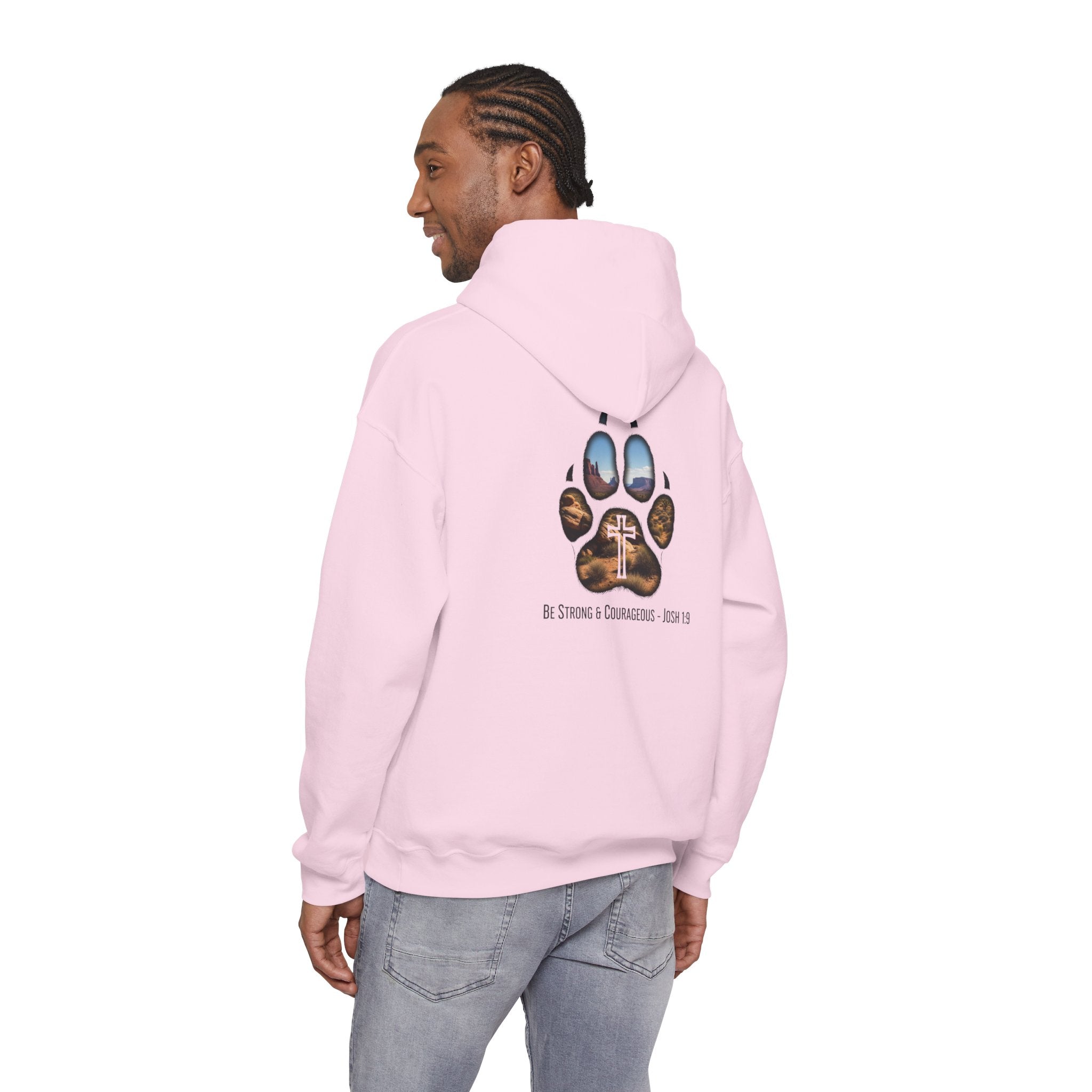 Strong and Courageous Hoodie – Joshua 1:9 Canine Pawprint Desert Christian Hoodie for Dog Lovers Printify