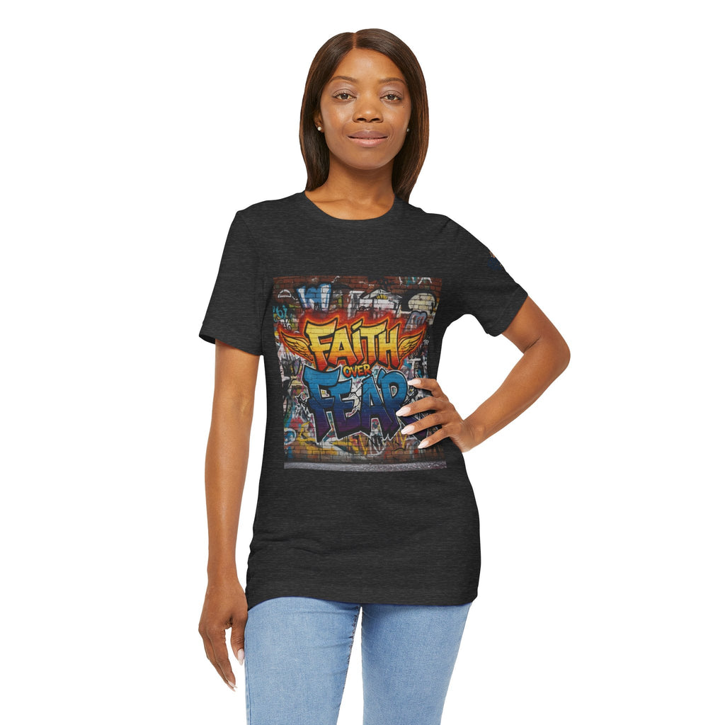Faith Over Fear T-shirt – Graffiti Wall Christian T-shirt for Bold 2 Corinthians 5:7 Streetwear & Unshakable Faith Printify