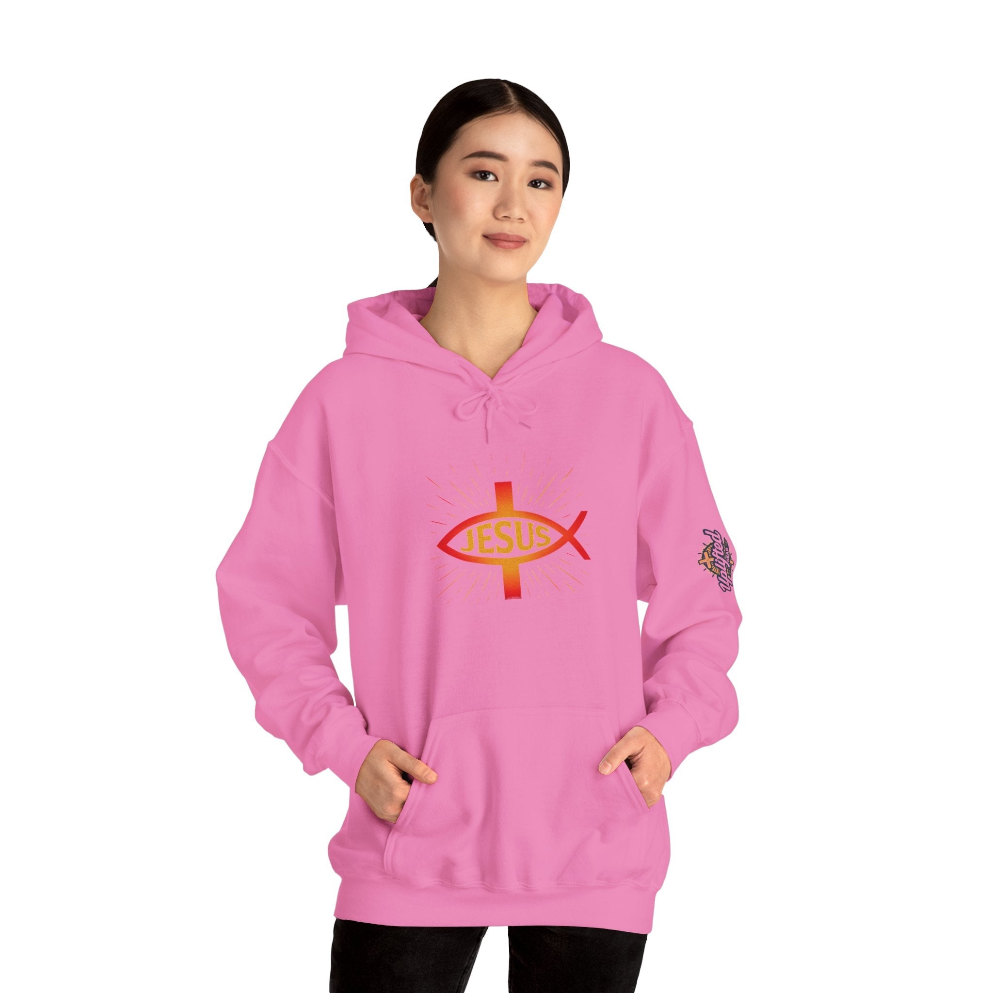 Jesus Ichthys Hoodie – Christian Fish Symbol with Cross & Jesus Inscription Sweatshirt for Eternal Faith & Streetwear Printify