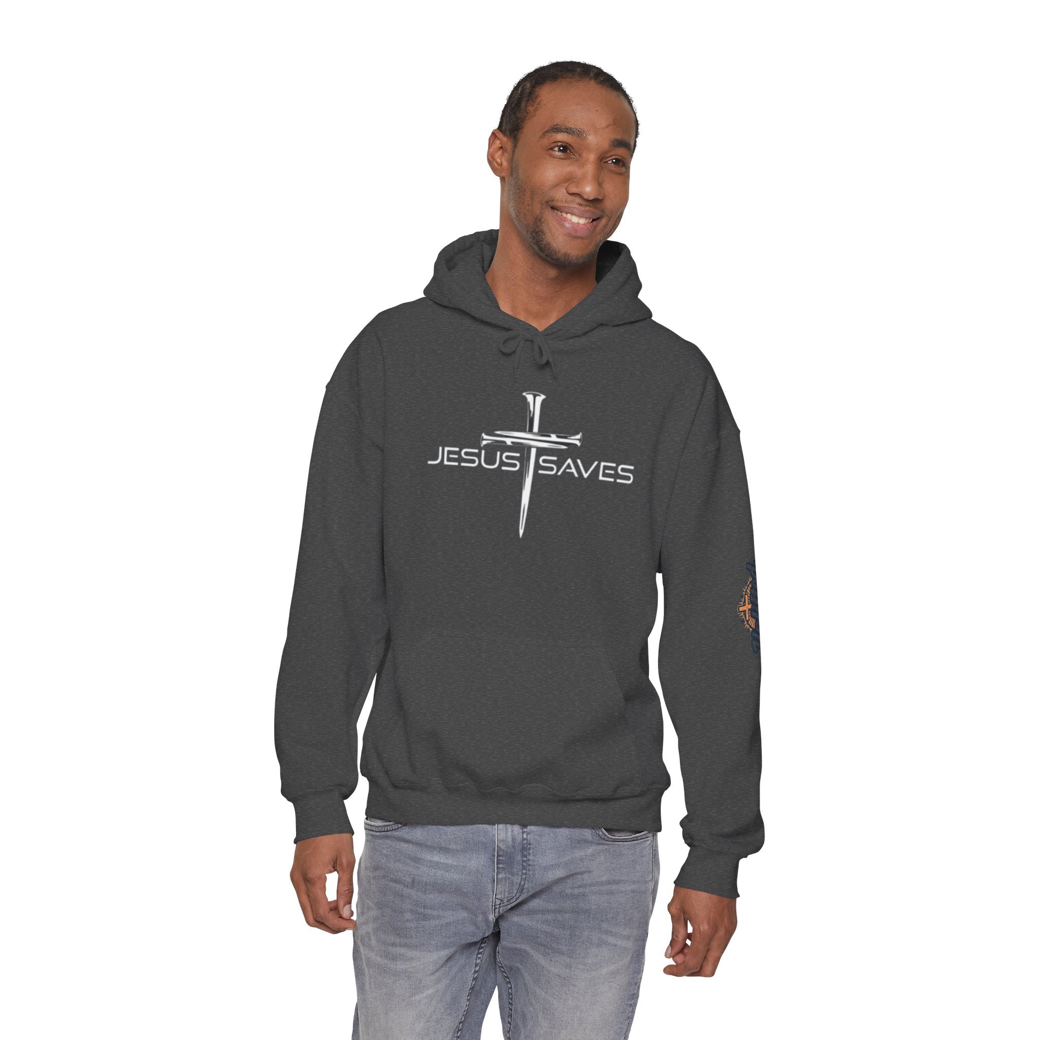 Jesus Saves Hoodie – 3 Nails Crucifix Cross Christian Sweatshirt for Redemption Faith & Bold Salvation Printify