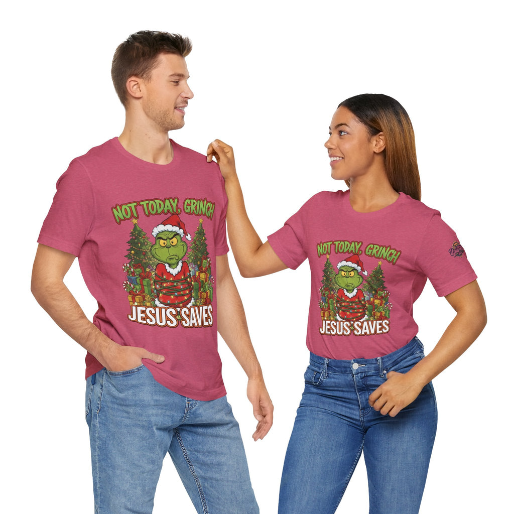 🎄 Not Today, Grinch – Jesus Saves | Funny Christian Christmas T-Shirt | Sulking Grinch & Glowing Cross | Bold Neon Faith Tee by Uplifted Gear Printify