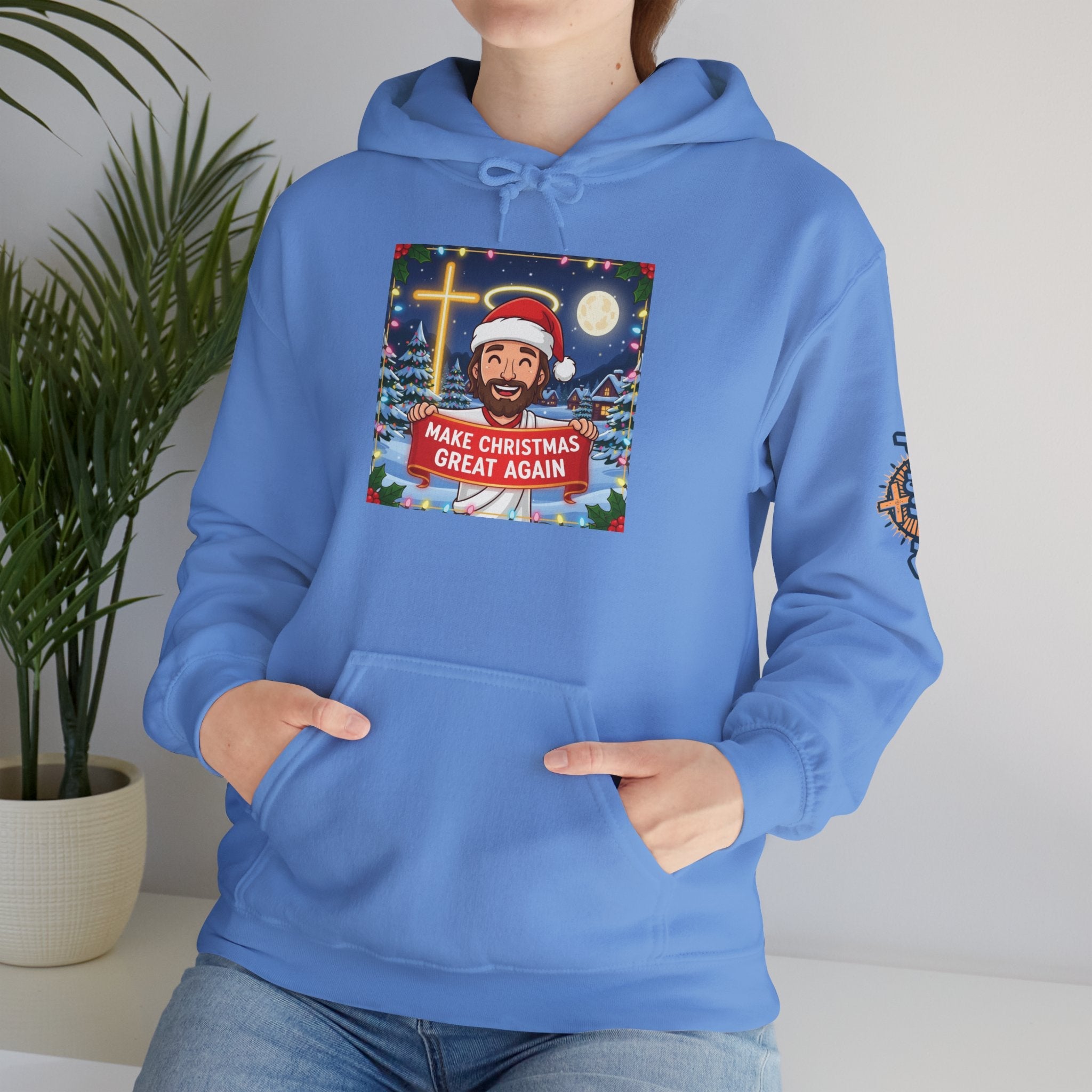 🎄 Make Christmas Great Again – Funny Christian Hoodie | Jesus Holding Banner | Faith-Based Holiday Parody Tee | Uplifted Gear Printify