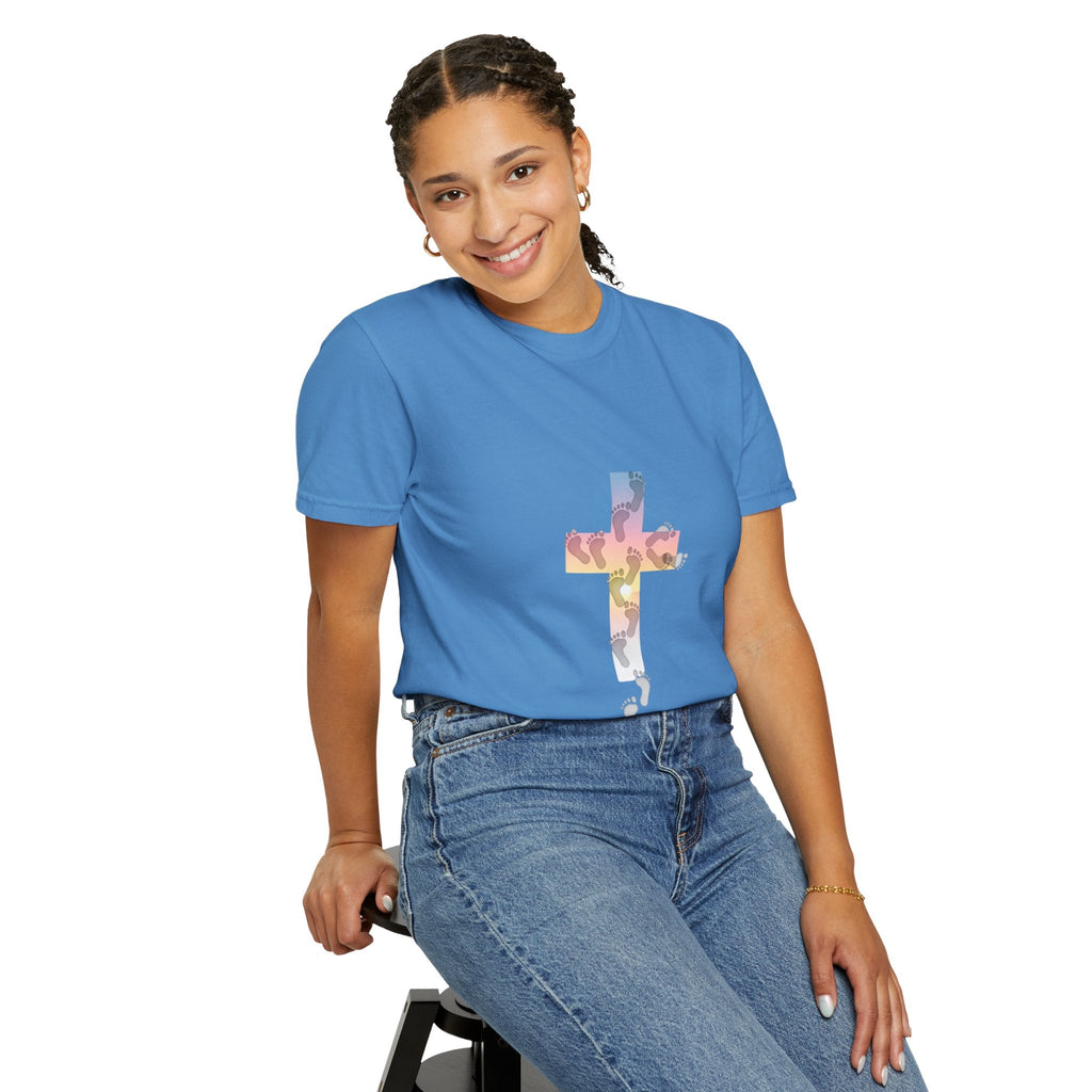 Walk by Faith T-Shirt – Cross & Footprints Christian Tee for Bold Believers Printify