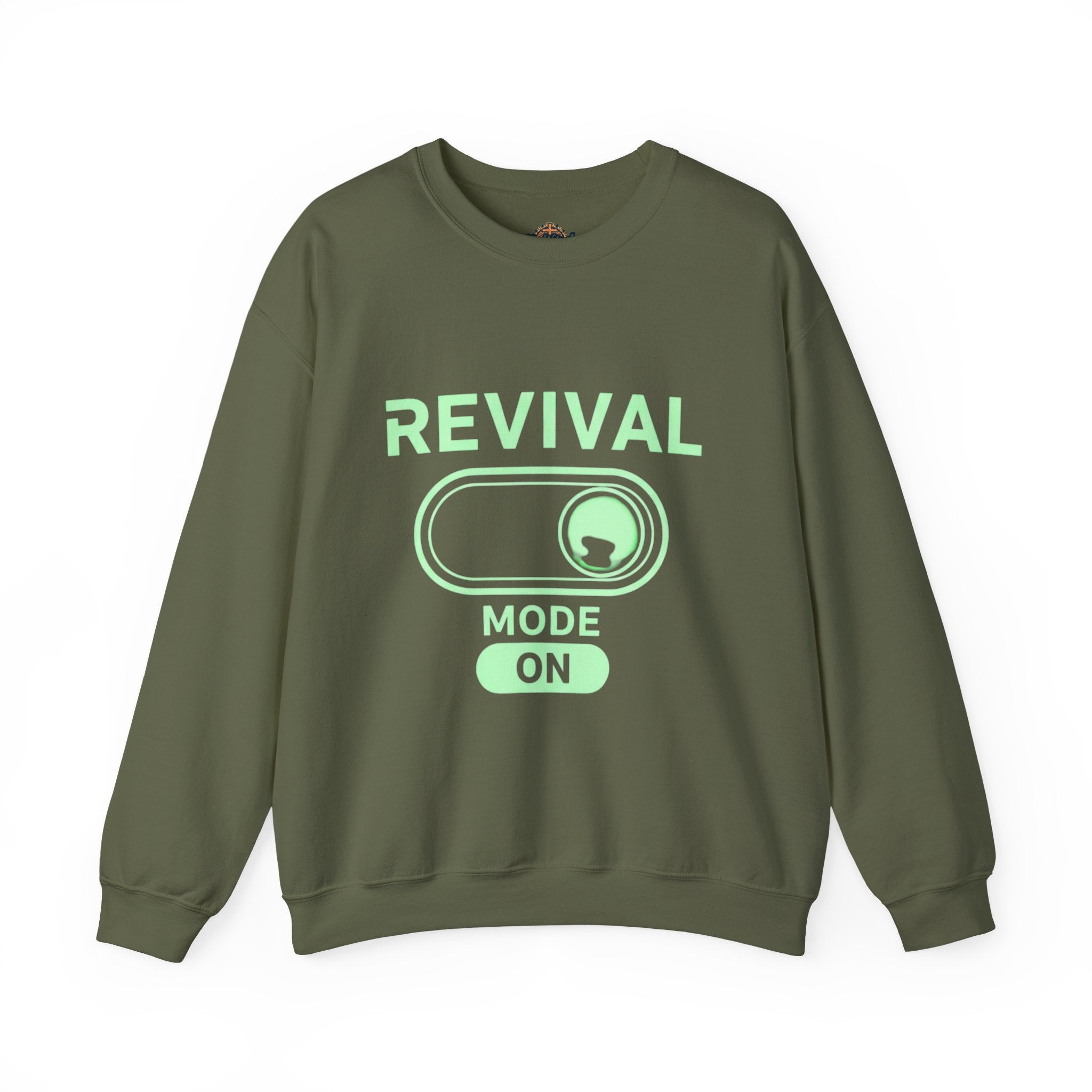 🔥 Revival Mode: ON – Christian Techwear Sweatshirt | Glowing Green Faith Switch | Futuristic Jesus Shirt | Activate Your Spiritual Awakening | Uplifted Gear Printify