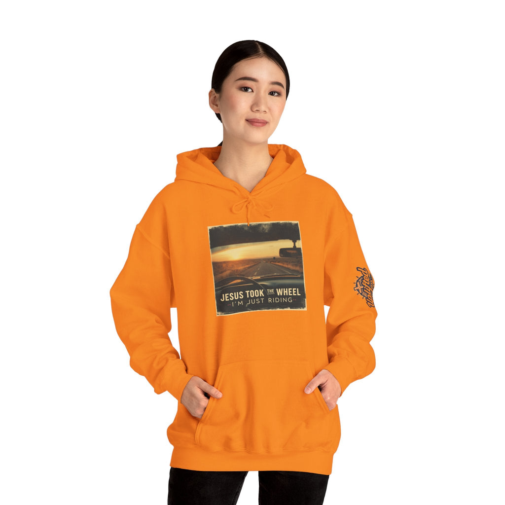 Jesus Took the Wheel I'm Just Riding Hoodie – Funny Christian Convertible Car Sweatshirt for Surrendered Faith & Humor Printify