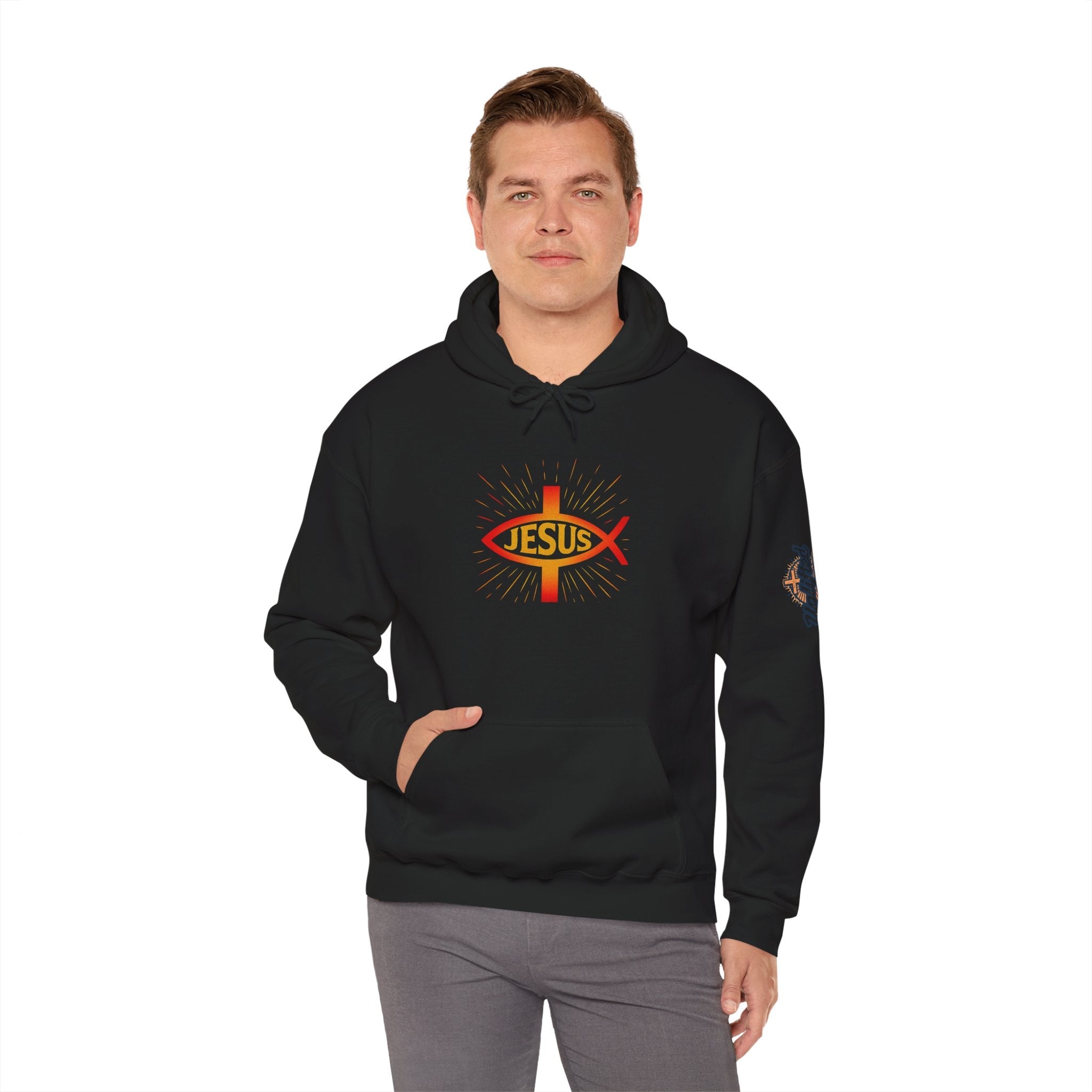 Jesus Ichthys Hoodie – Christian Fish Symbol with Cross & Jesus Inscription Sweatshirt for Eternal Faith & Streetwear Printify