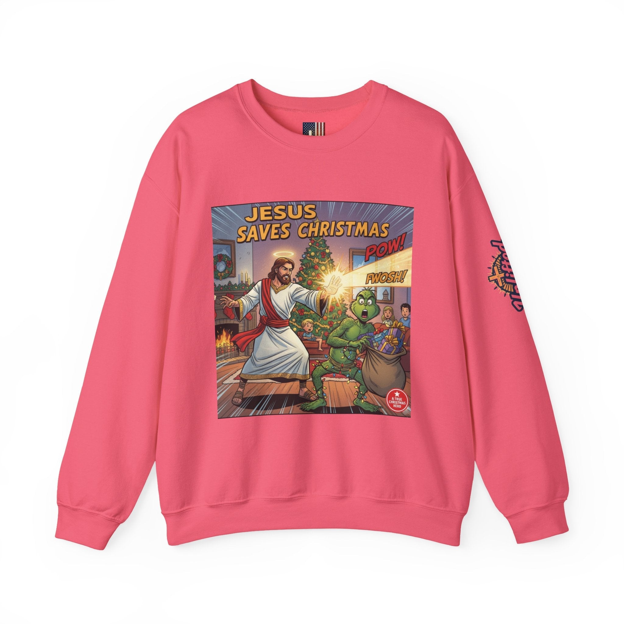 Jesus Saves Christmas Sweatshirt – Grinch vs Savior Light Battle Christian Sweatshirt for Hilarious Holiday Faith & True Joy Printify