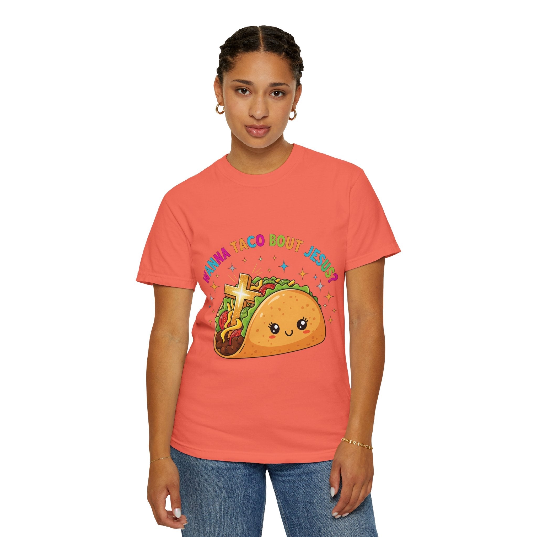 Wanna Taco 'Bout Jesus? Funny Christian Pun T-Shirt – Lettuce Pray & Share Faith! Printify