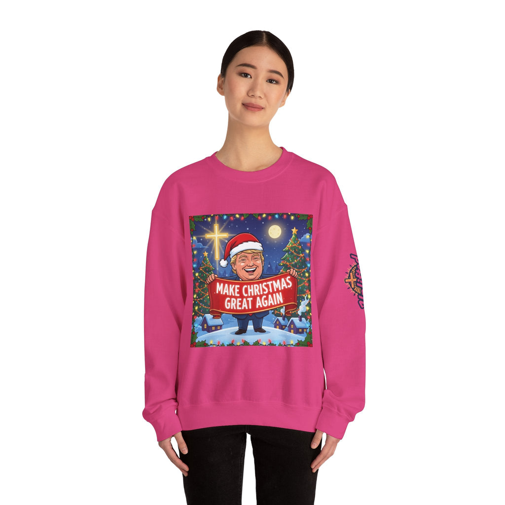 🎄 Make Christmas Great Again – Patriotic Christian Christmas Sweatshirt | Bold Holiday Faith Tee | Red & White Banner Design | Uplifted Gear Printify