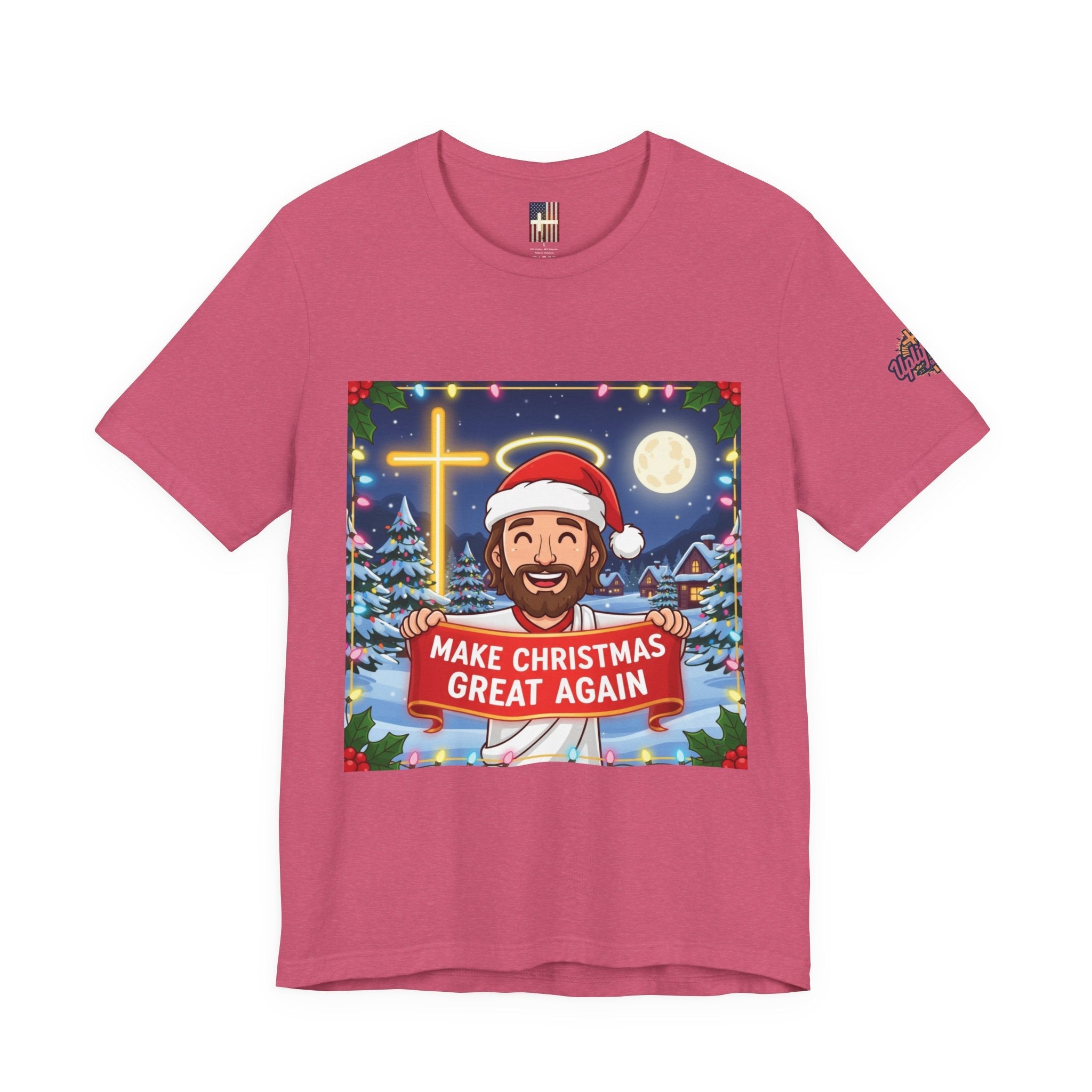 🎄 Make Christmas Great Again – Funny Christian T-Shirt | Jesus Holding Banner | Faith-Based Holiday Parody Tee | Uplifted Gear Printify