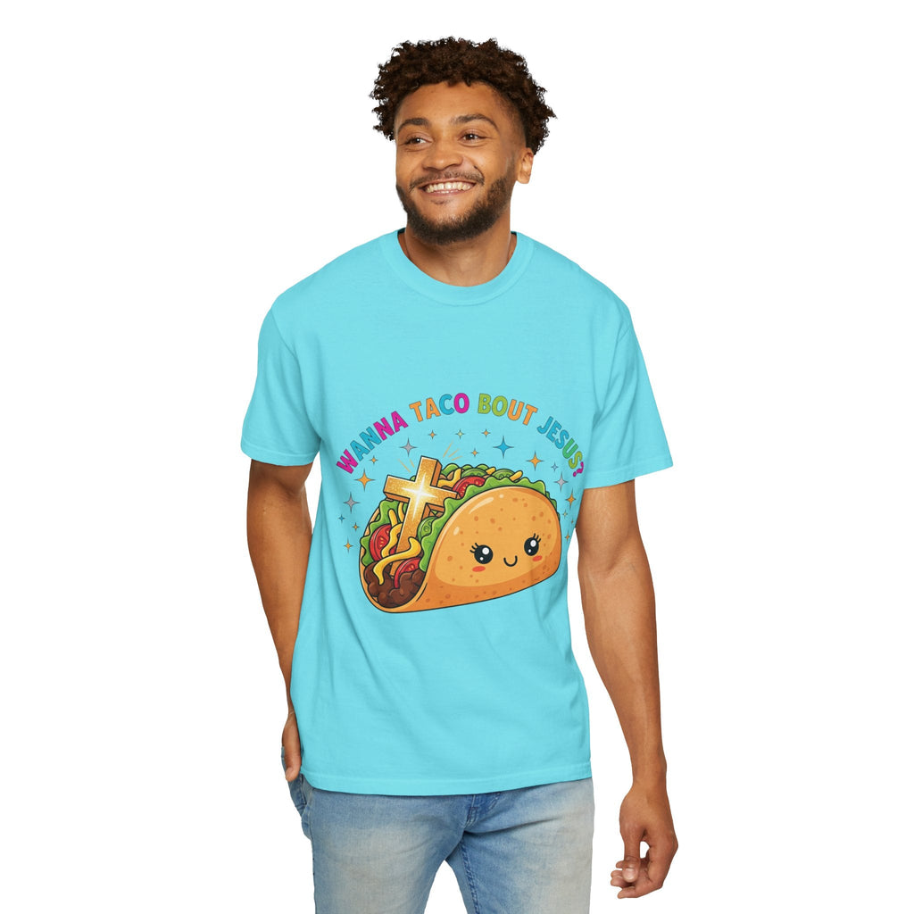 Wanna Taco 'Bout Jesus? Funny Christian Pun T-Shirt – Lettuce Pray & Share Faith! Printify