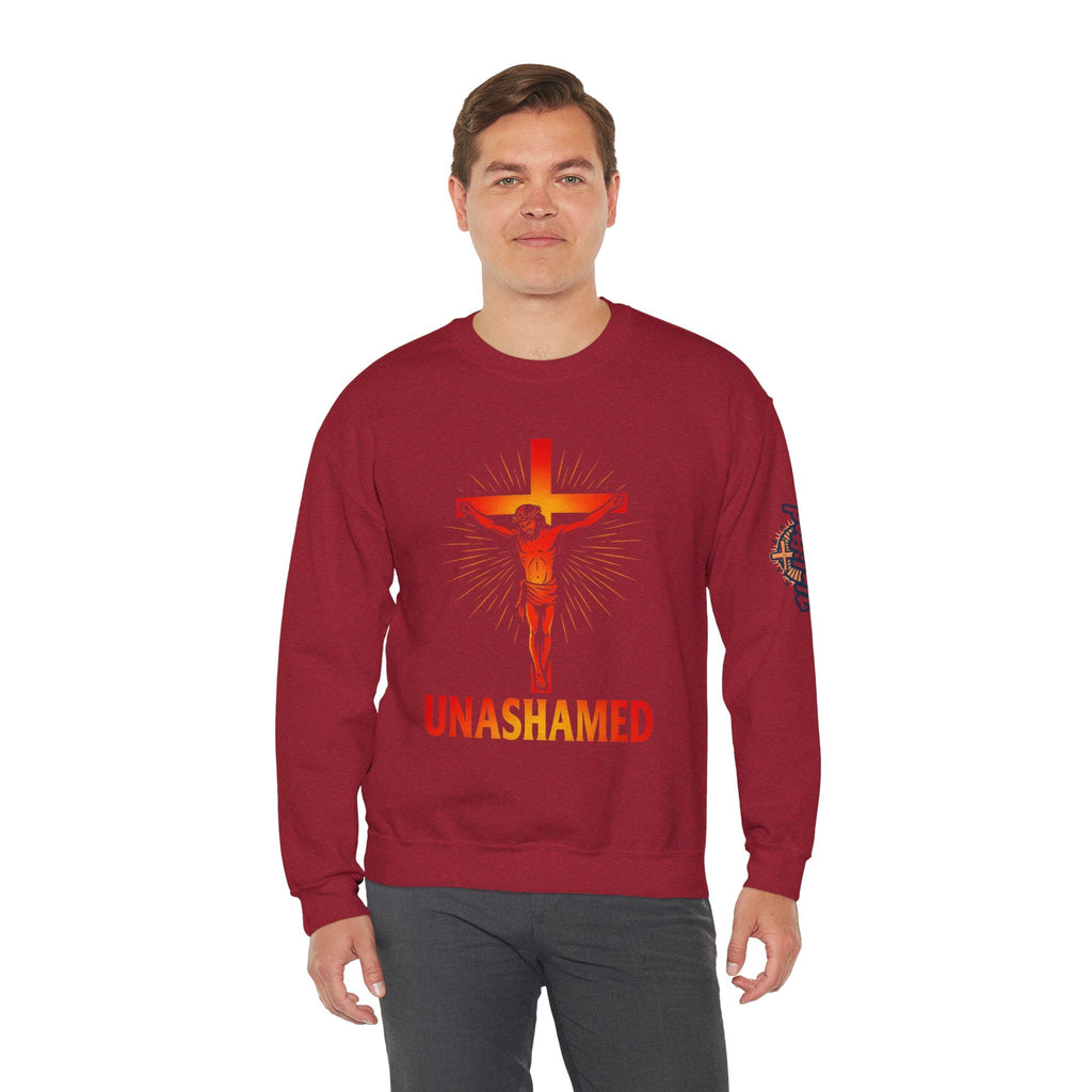 Unashamed Sweatshirt – Romans 1:16 Crucifixion Christian Sweatshirt for Bold Unwavering Faith Printify