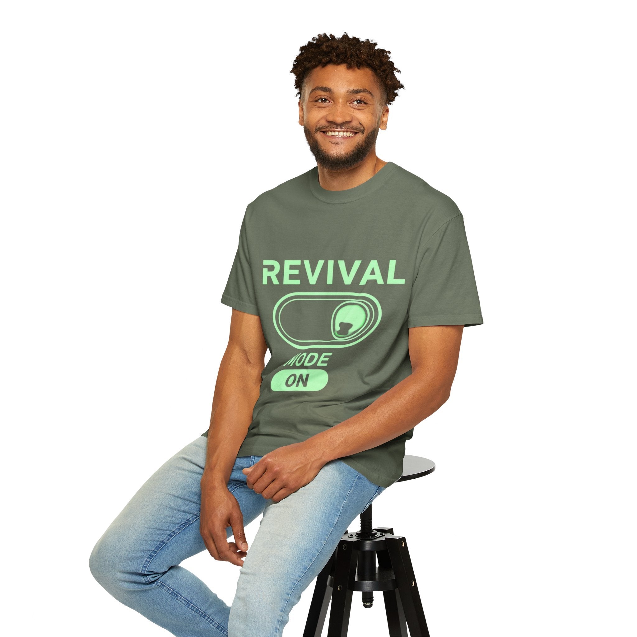 🔥 Revival Mode: ON – Christian Techwear T-Shirt | Glowing Green Faith Switch | Futuristic Jesus Shirt | Activate Your Spiritual Awakening | Uplifted Gear Printify