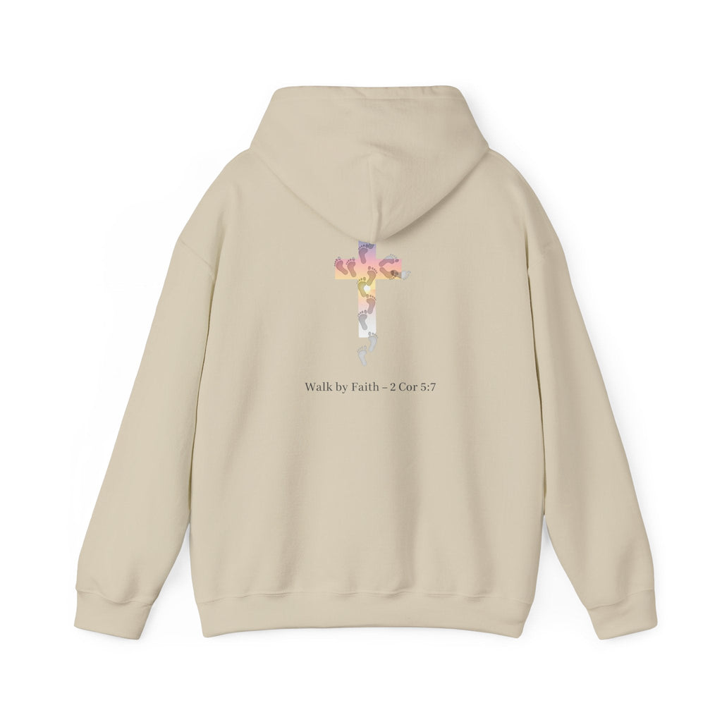 Walk by Faith Hoodie – Cross & Footprints Christian Hoodie for Cozy Inspiration Printify