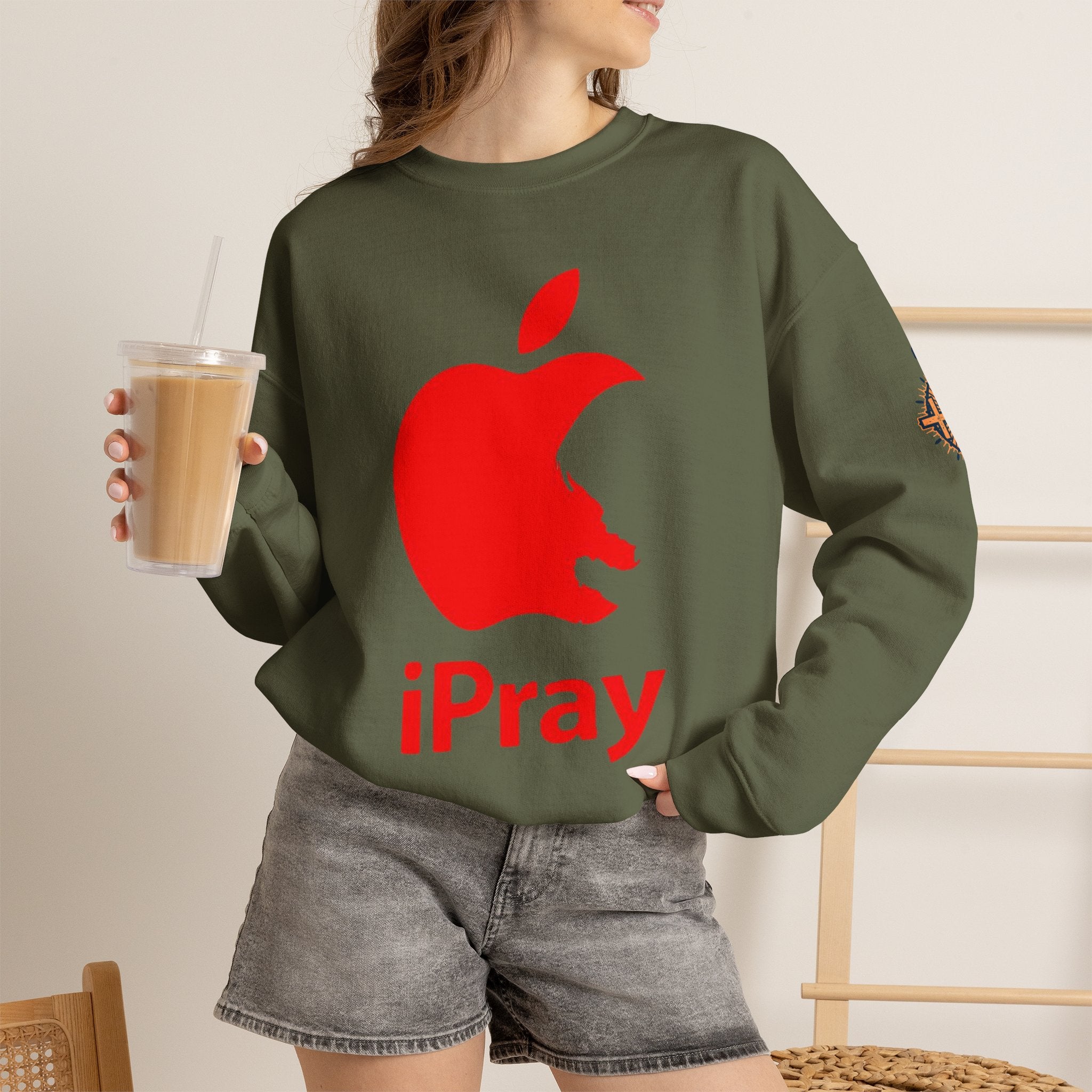 iPray Apple Logo Sweatshirt — Funny Christian Sweatshirt (Minimal Red Apple Graphic) Printify