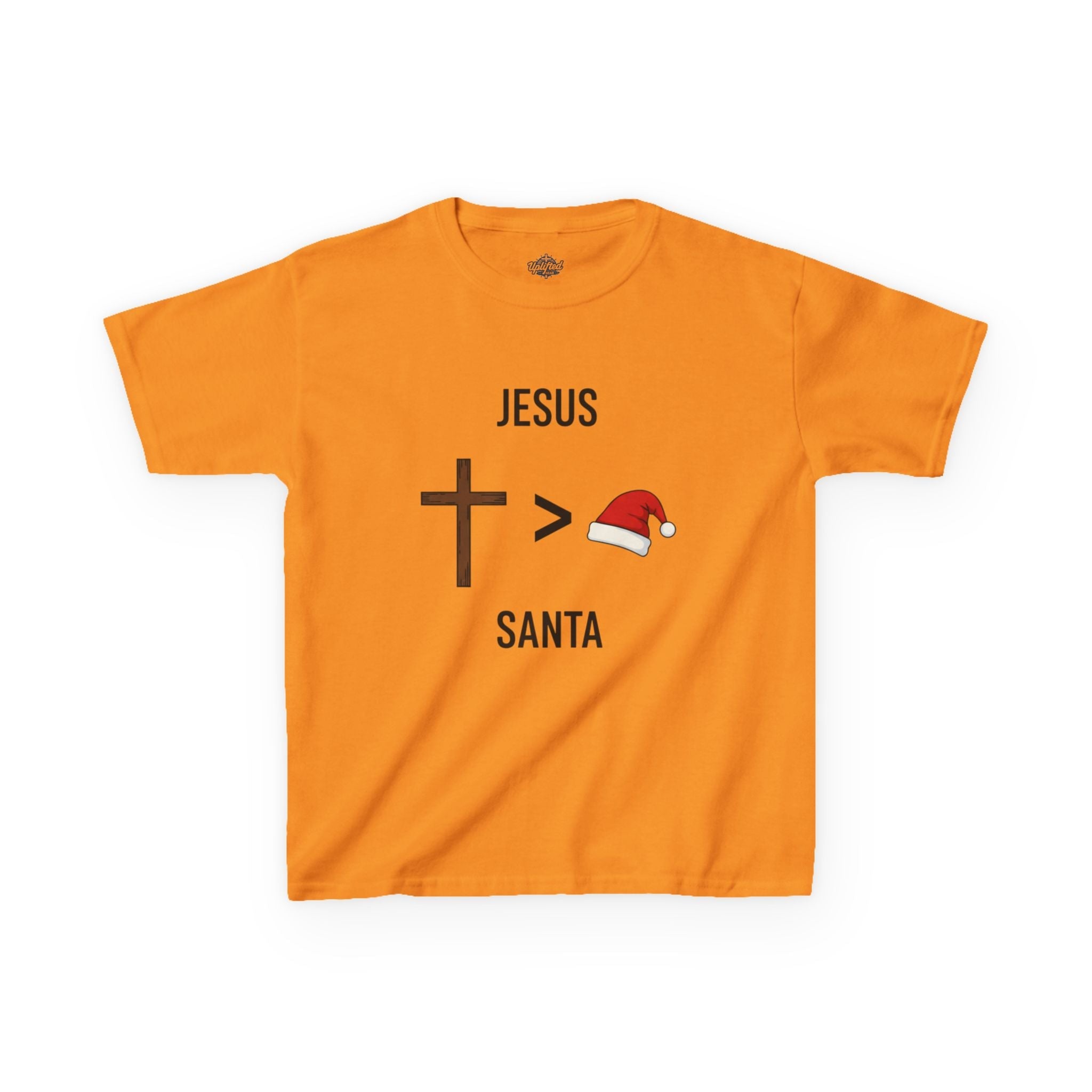 🎄 Jesus > Santa – Minimalist Christian Christmas Kids T-Shirt | Bold Faith Over Holiday Tee | Cross vs Santa Hat Design | Uplifted Gear Printify