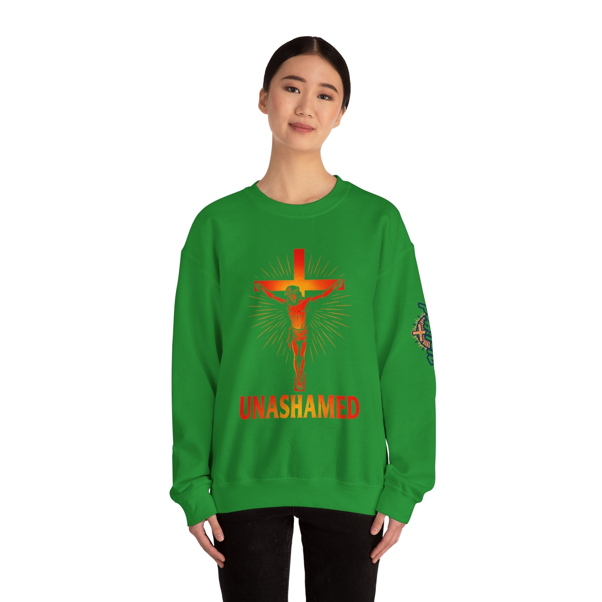 Unashamed Sweatshirt – Romans 1:16 Crucifixion Christian Sweatshirt for Bold Unwavering Faith Printify