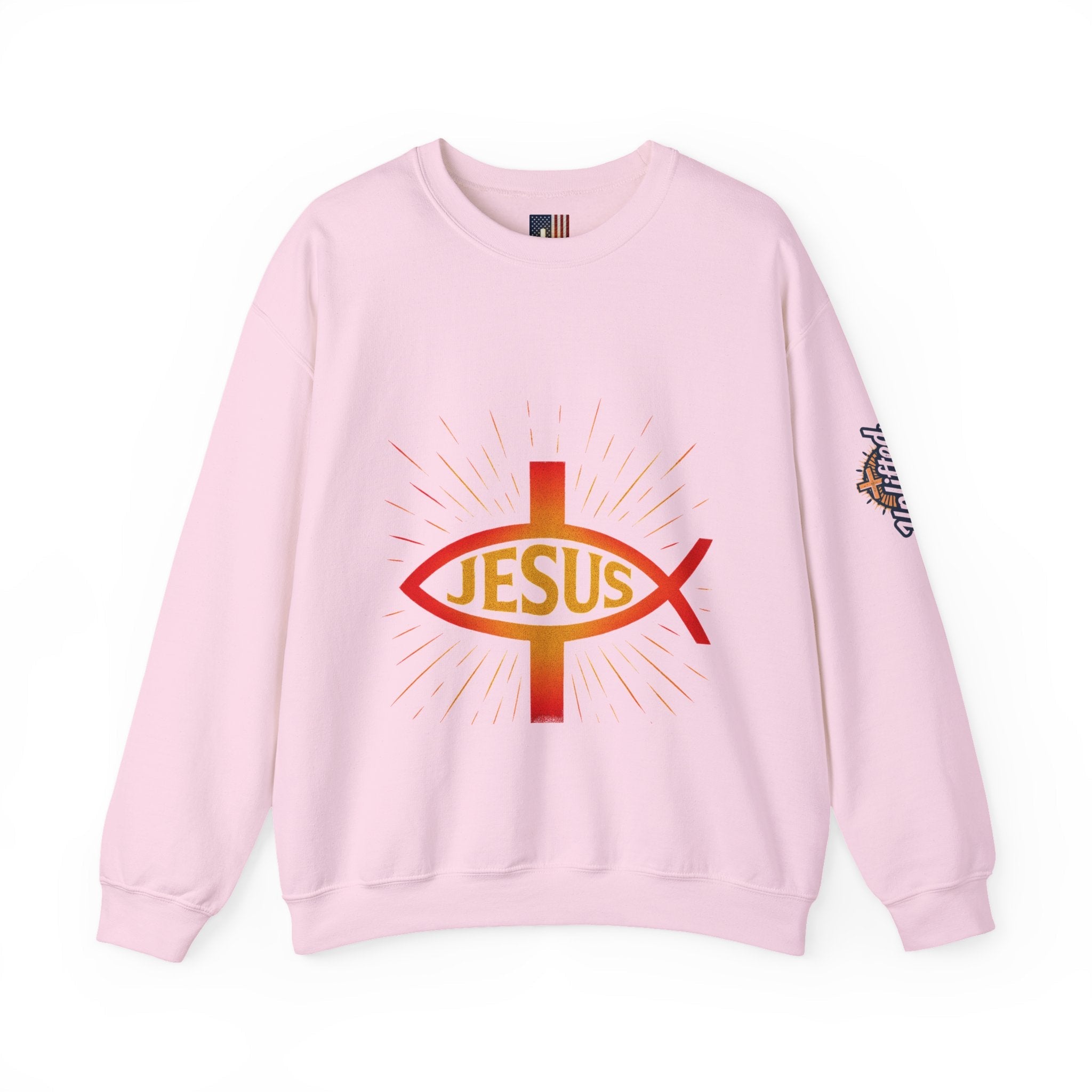 Jesus Ichthys Sweatshirt – Christian Fish Symbol with Cross & Jesus Inscription Sweatshirt for Eternal Faith & Streetwear Printify