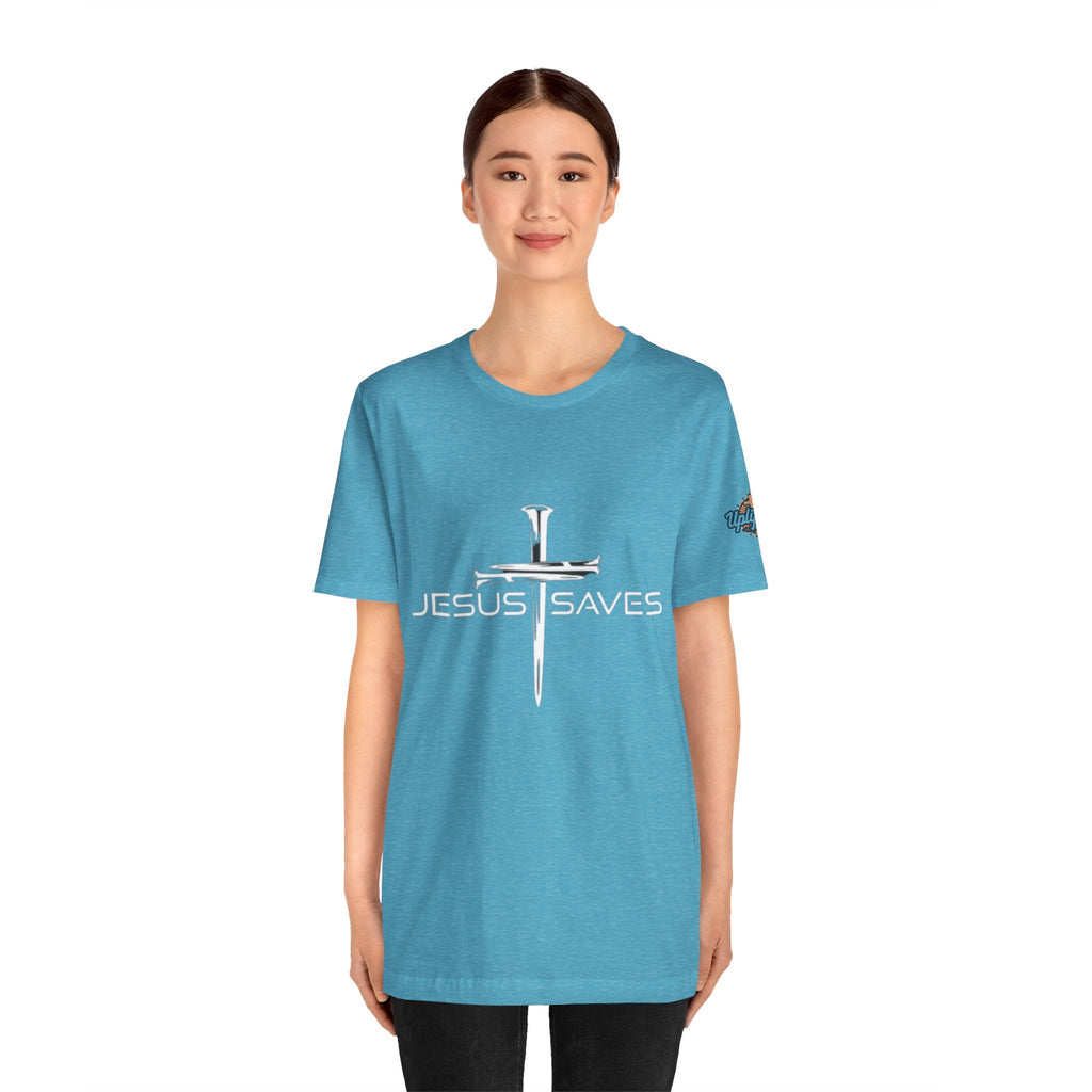 Jesus Saves T-shirt – 3 Nails Crucifix Cross Christian T-shirt for Redemption Faith & Bold Salvation Printify