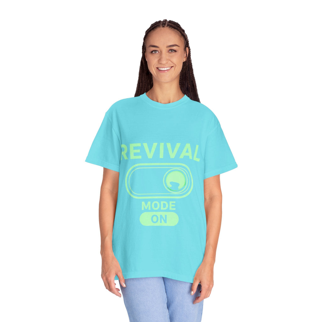 🔥 Revival Mode: ON – Christian Techwear T-Shirt | Glowing Green Faith Switch | Futuristic Jesus Shirt | Activate Your Spiritual Awakening | Uplifted Gear Printify