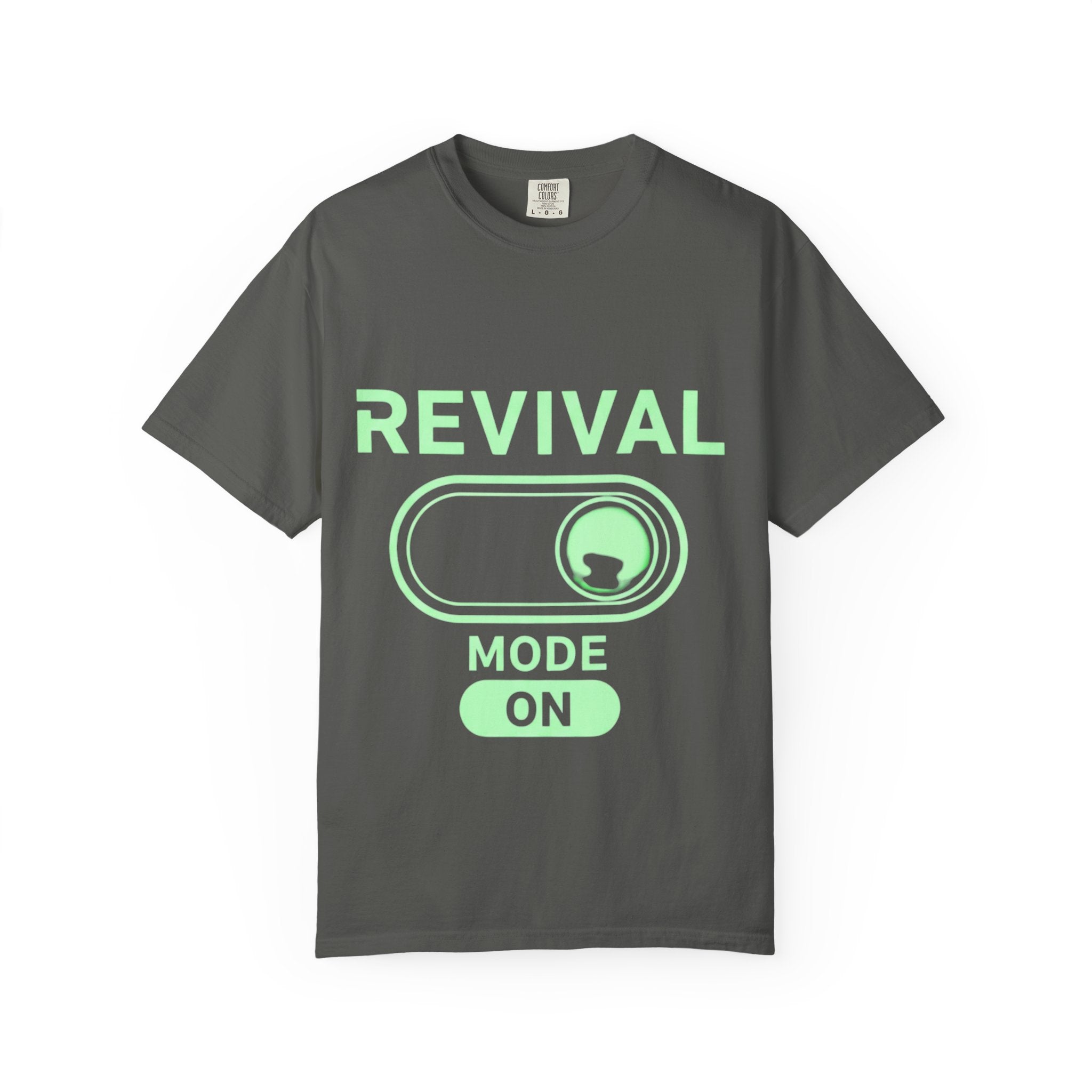 🔥 Revival Mode: ON – Christian Techwear T-Shirt | Glowing Green Faith Switch | Futuristic Jesus Shirt | Activate Your Spiritual Awakening | Uplifted Gear Printify
