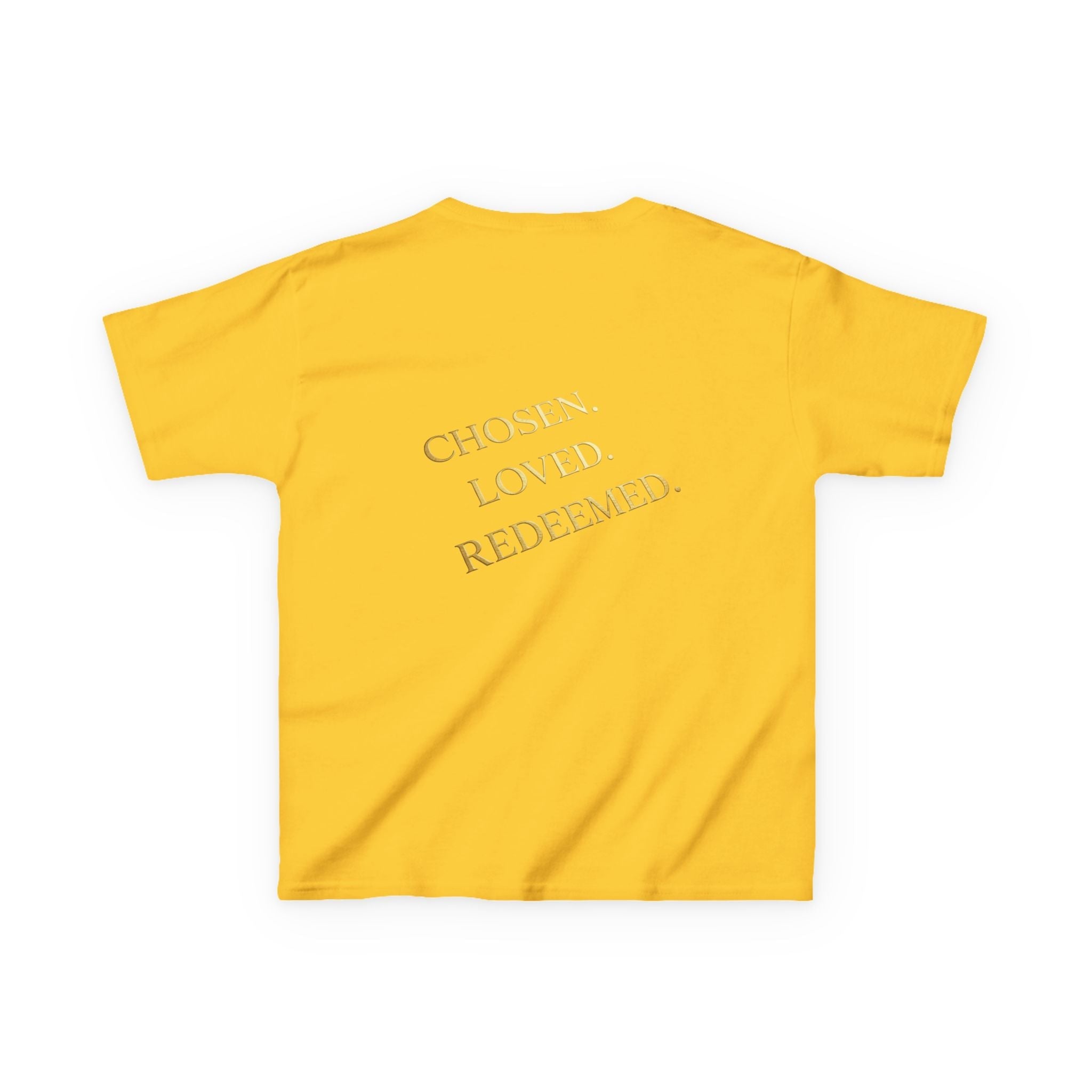 ✨ Chosen. Loved. Redeemed. – Elegant Christian Kids T-Shirt | Gold Foil Faith Tee | Subtle Cross & Heart Design | Inspirational Bible Verse Apparel by Uplifted Gear Printify