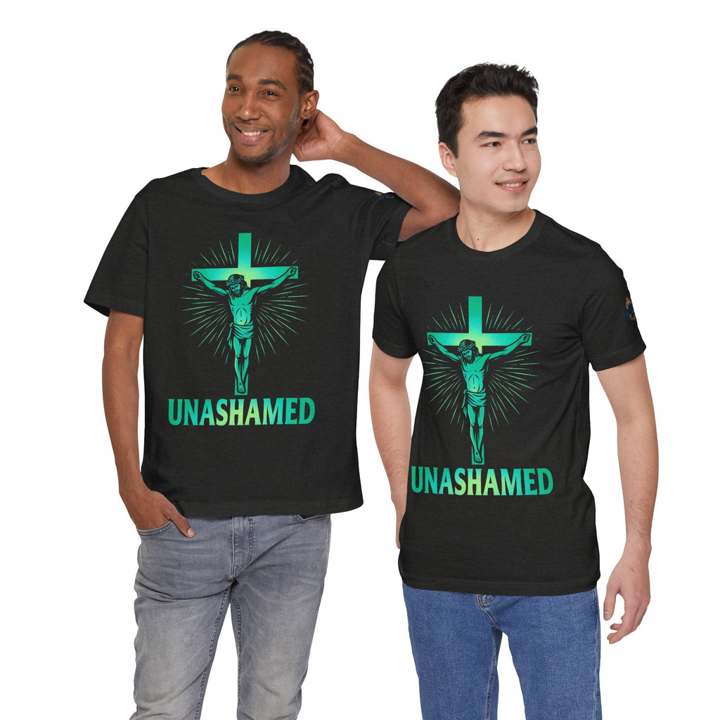 Unashamed T-shirt – Romans 1:16 Crucifixion Christian t-shirt for Bold Unwavering Faith Printify
