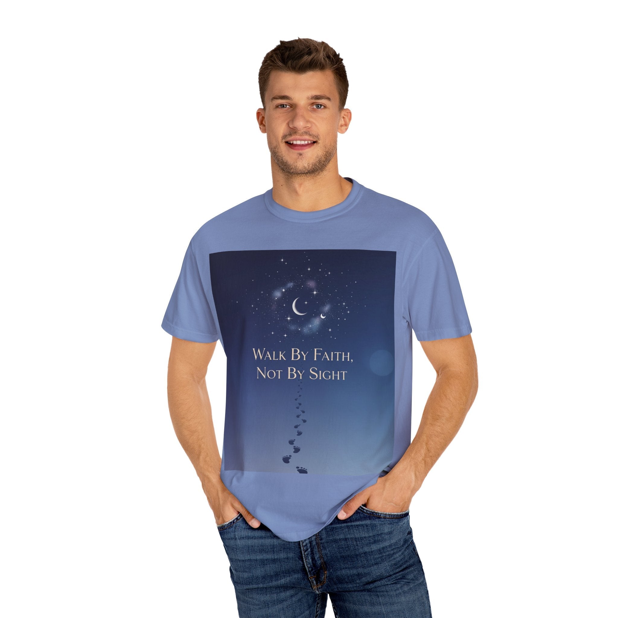 Walk by Faith, Not by Sight T-Shirt – Footprints in the Sand Christian Moonlit Tee Printify