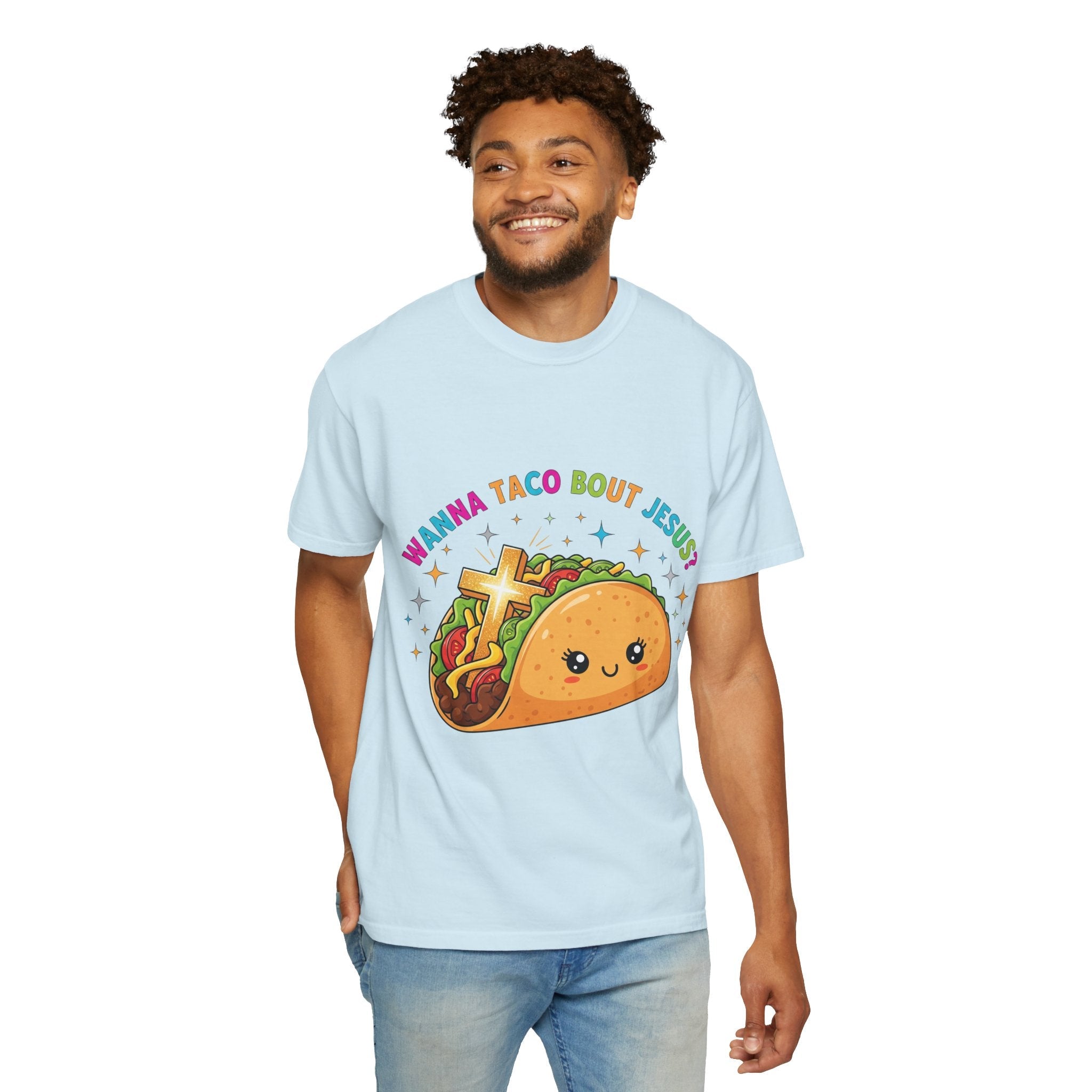 Wanna Taco 'Bout Jesus? Funny Christian Pun T-Shirt – Lettuce Pray & Share Faith! Printify