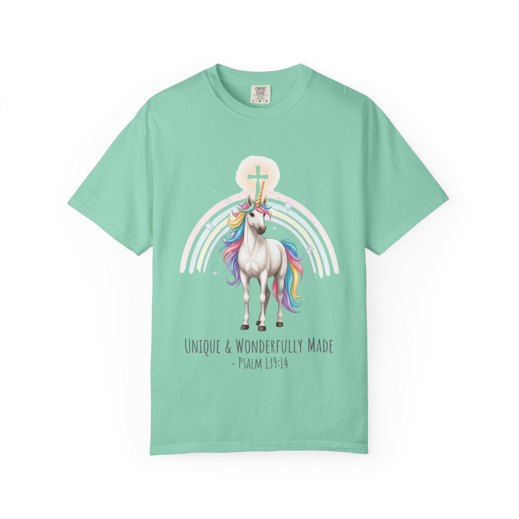 Unique Unicorn Christian T-Shirt – Wonderfully Made with Rainbow Cross & Psalm 139:14 Printify