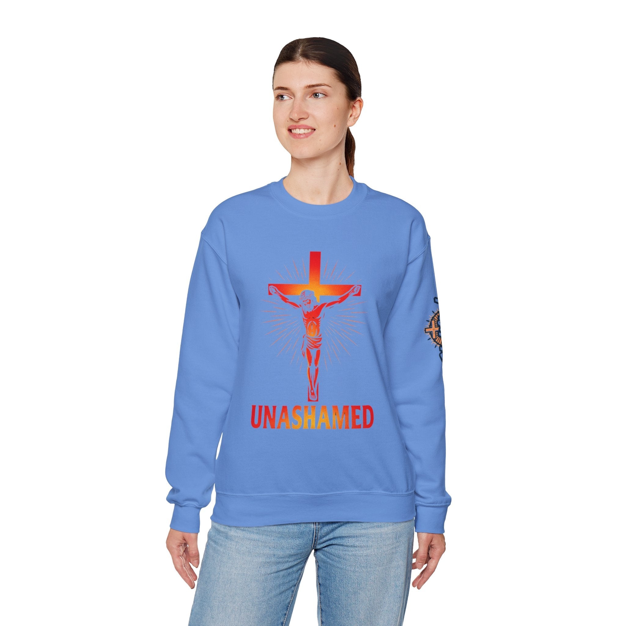 Unashamed Sweatshirt – Romans 1:16 Crucifixion Christian Sweatshirt for Bold Unwavering Faith Printify