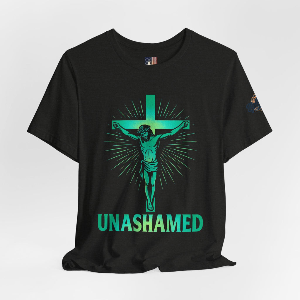 Unashamed T-shirt – Romans 1:16 Crucifixion Christian t-shirt for Bold Unwavering Faith Printify